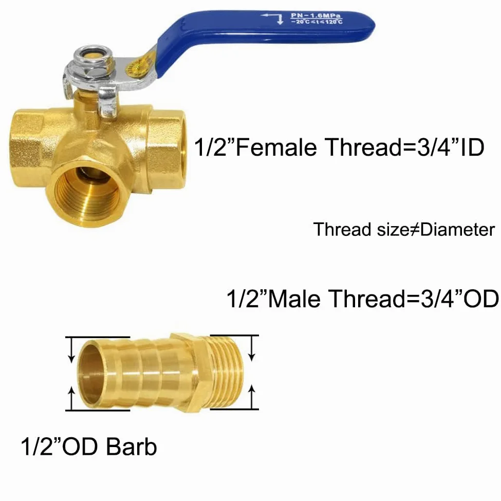 Joywayus Válvula de bola de rosca de 1/2 "G de 3 vías de cierre de puerto en L con manguera de 1/2" T en forma de T de latón de ajuste de un interruptor