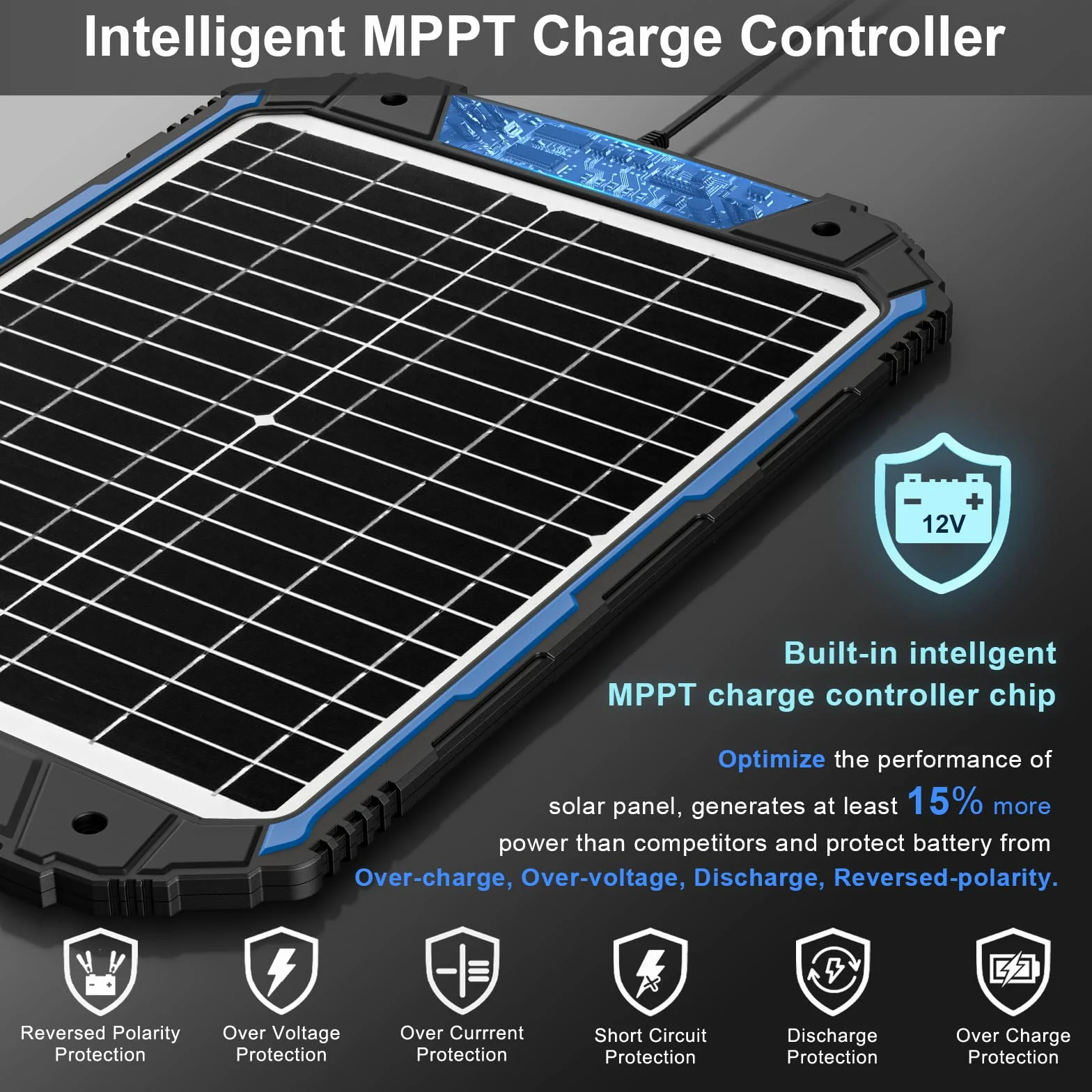SUNER POWER Cargador de batería solar de 20 W 12 V y mantenedor PRO, controlador MPPT inteligente integrado, impermeable, 12 V, 20 W, kit de carga de panel solar para coche, caravana, remolque, barco,