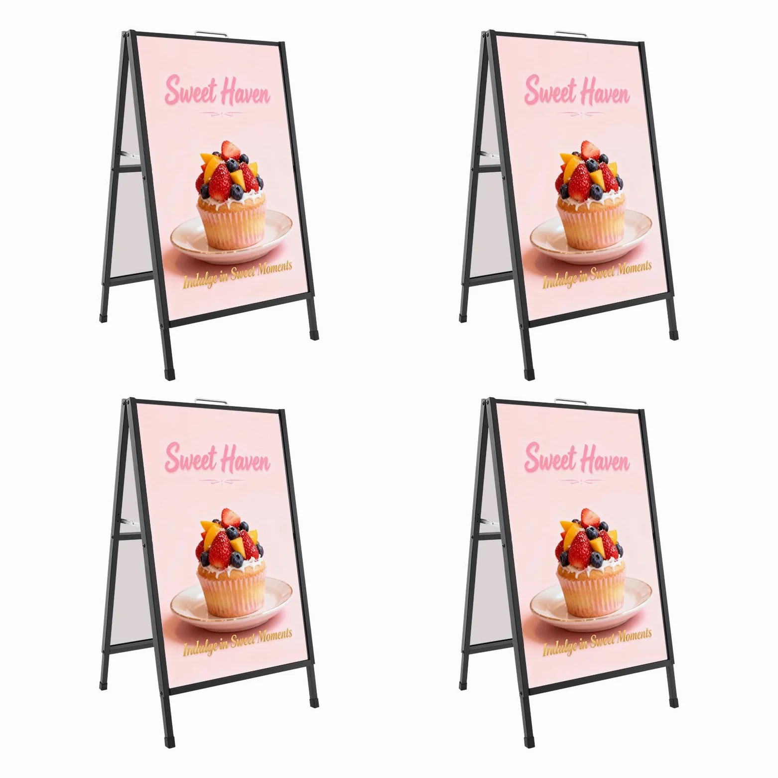 Portacarteles de doble cara en forma de A de hierro y tubo galvanizado, resistente, negro, 4 unidades, para carteles publicitarios de hasta 60 x 90 cm, ideal para tiendas, exposiciones, eventos y