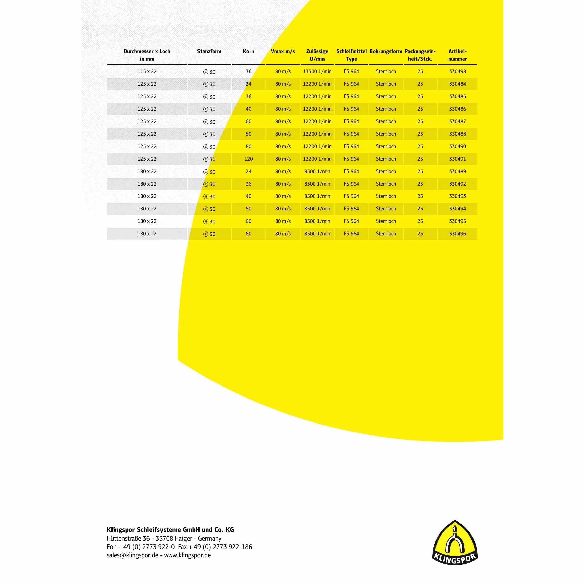 FS 964 - Discos de fibra de cerámica (25 unidades, 180 x 22 mm, grano 36, agujero estrellado, art.: 330492)