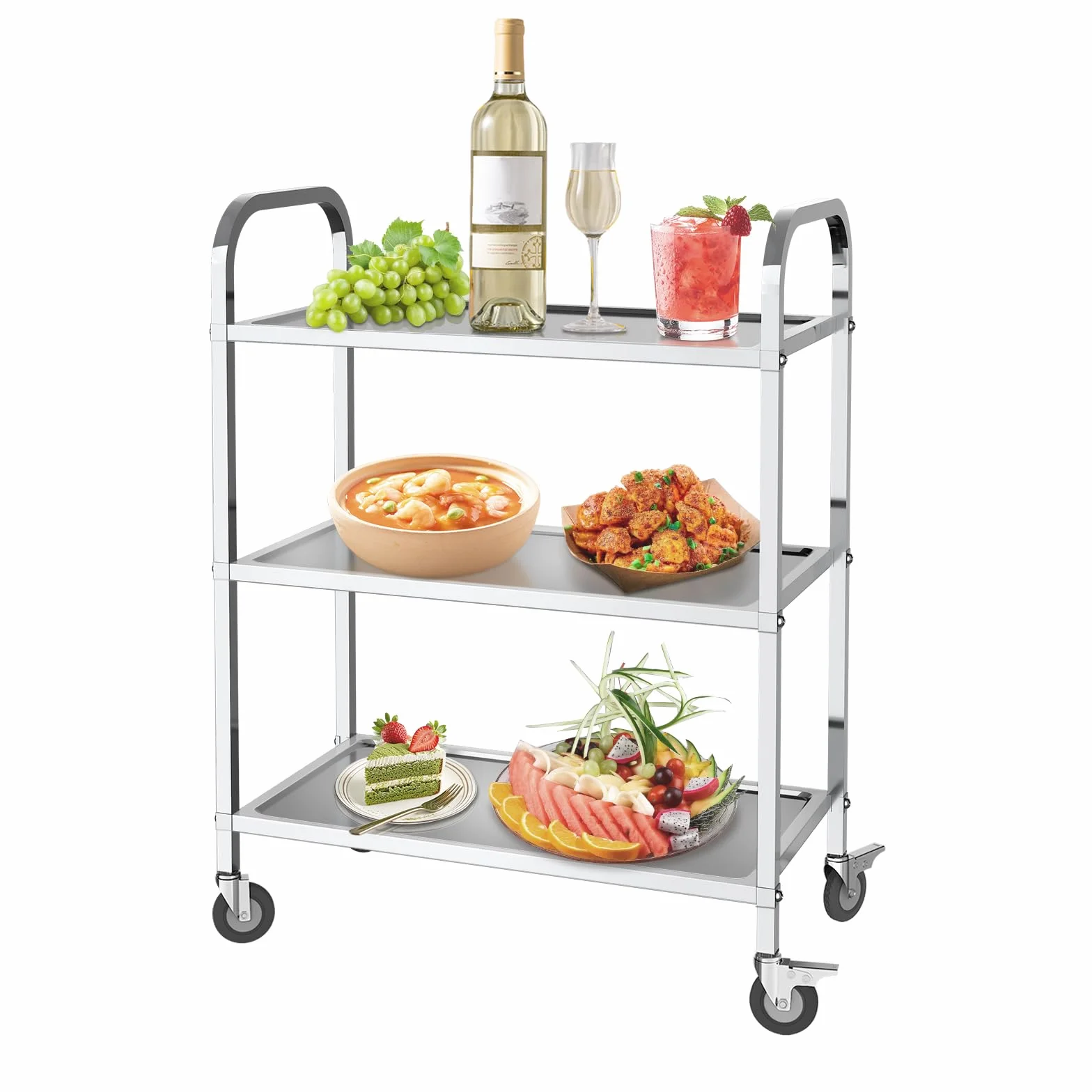 Carrito de Restaurante con 3 Estantes Carro Cocina de Servicio de Acero Inoxidable con 4 Ruedas (62.5 * 31.5 * 80)
