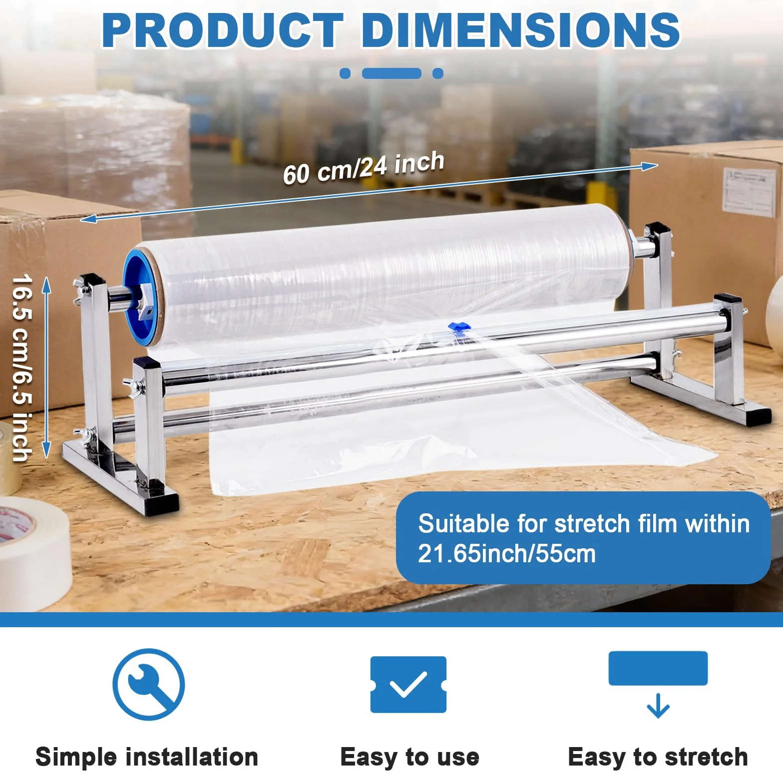 Máquina de embalaje de película estirable, dispensador de película estirable de mesa de acero inoxidable, herramienta de envoltura manual de palets (24 pulgadas)