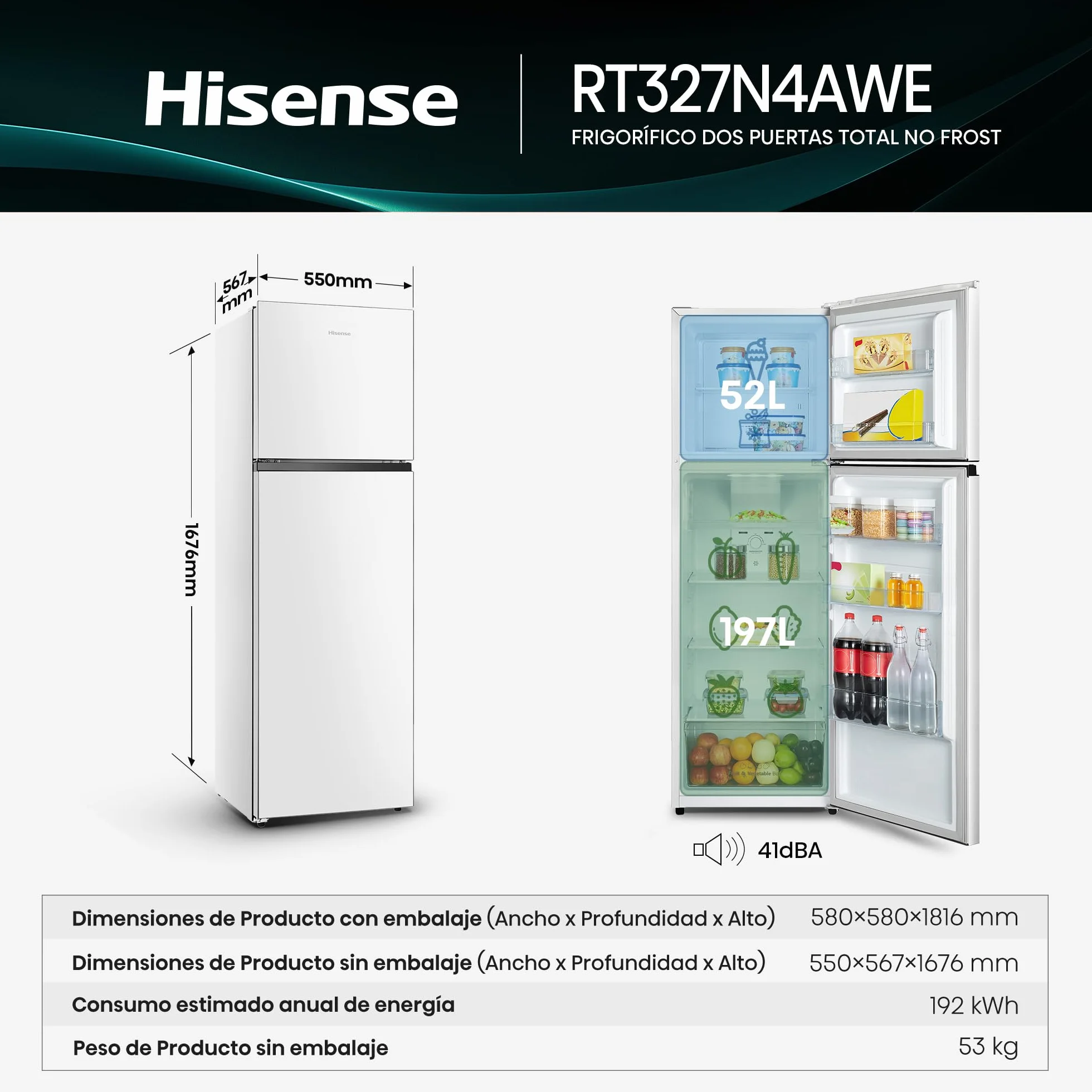 Hisense RT327N4AWE Frigorífico 2 Puertas Total No Frost 249L 168cm Multi Airflow Puerta Reversible Iluminación LED Blanco