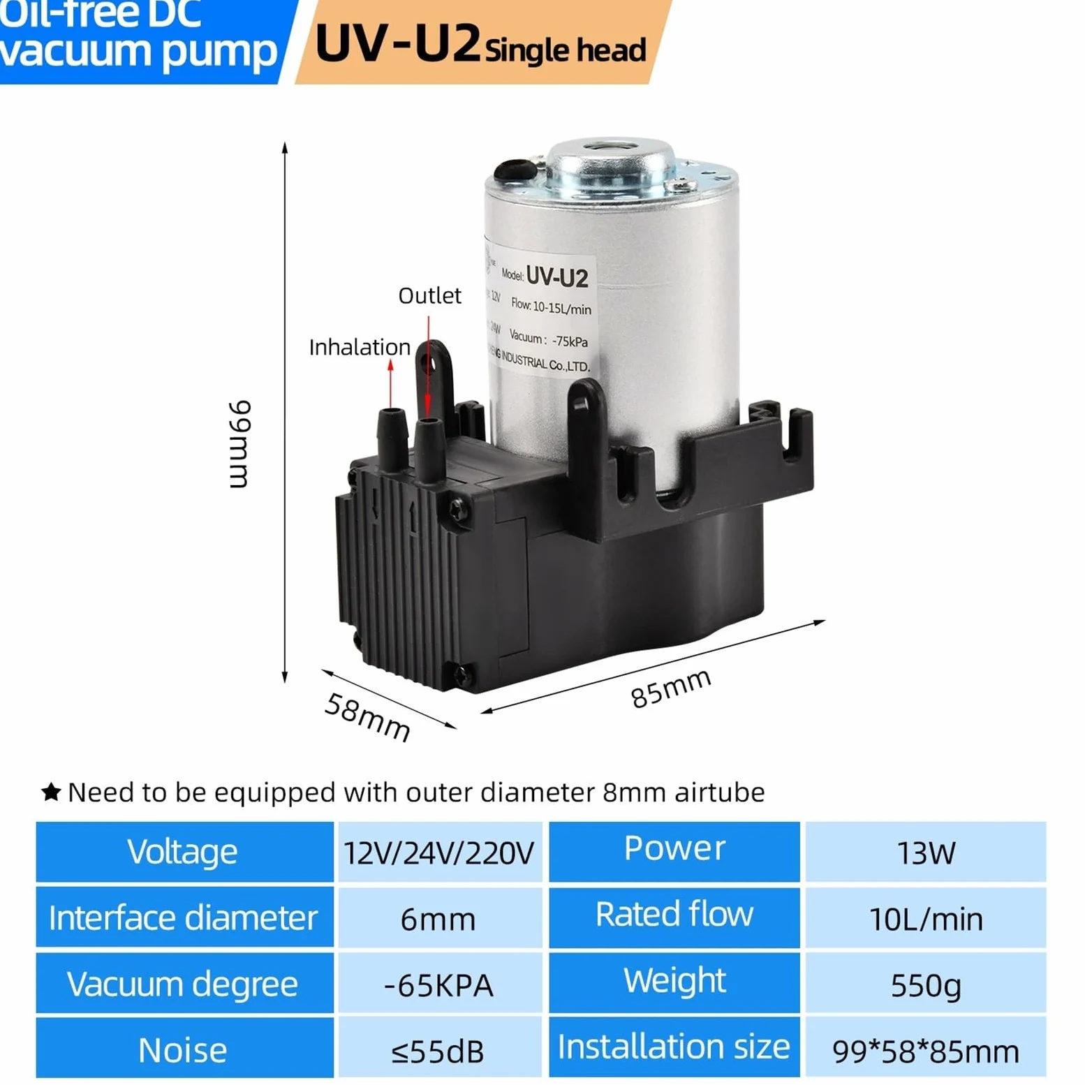 Bomba de aire de diafragma pequeña de 12 V/24 V CC, alta presión negativa, for inflador de laboratorio (DIY)(12V,UV-U2 single head)