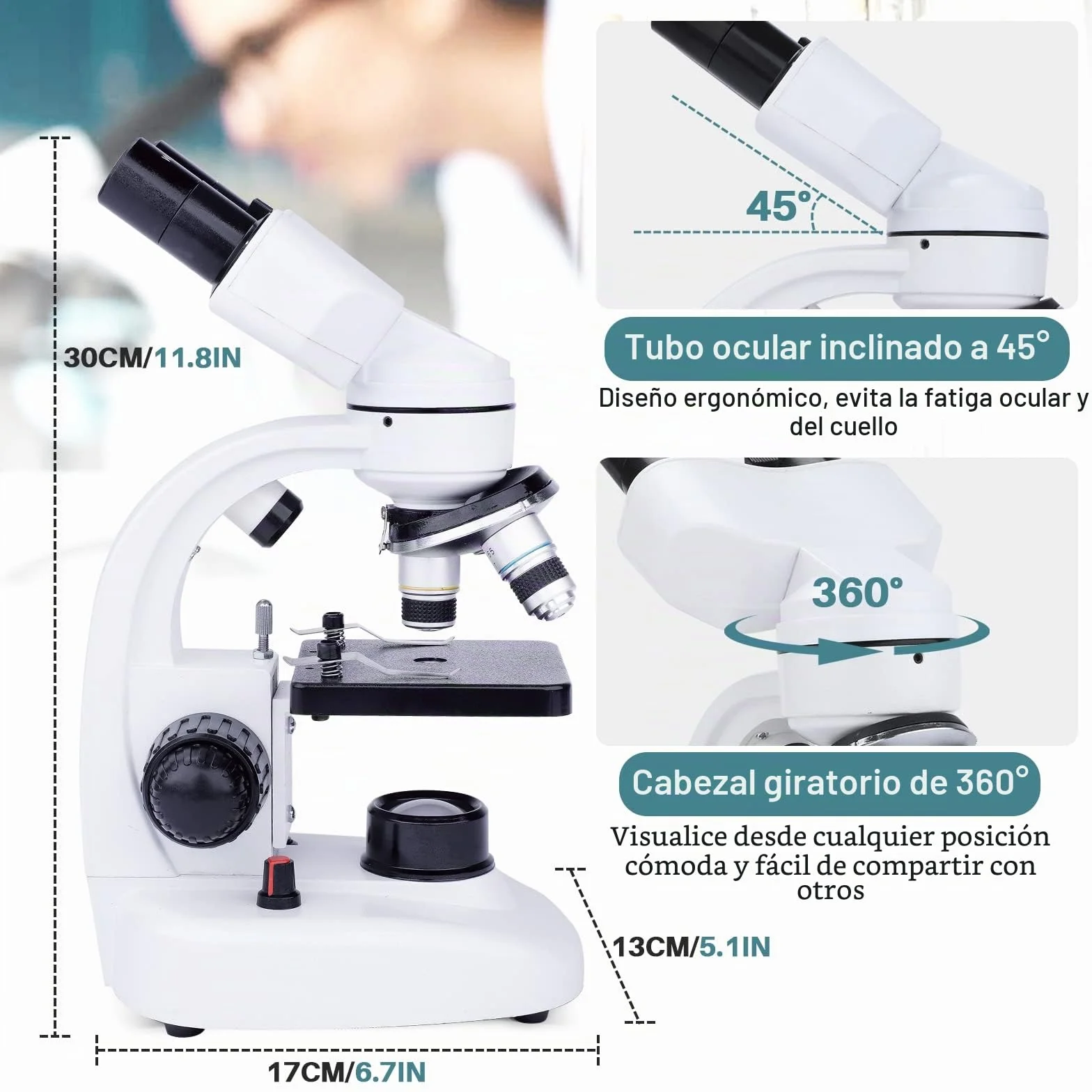 MAXLAPTER Microscopio Binocular para Adultos y Niños - Juego de Microscopio Compuesto 40X-1000X con Muestras y Adaptador de Teléfono Móvil, Adecuado para Uso Escolar en Casa