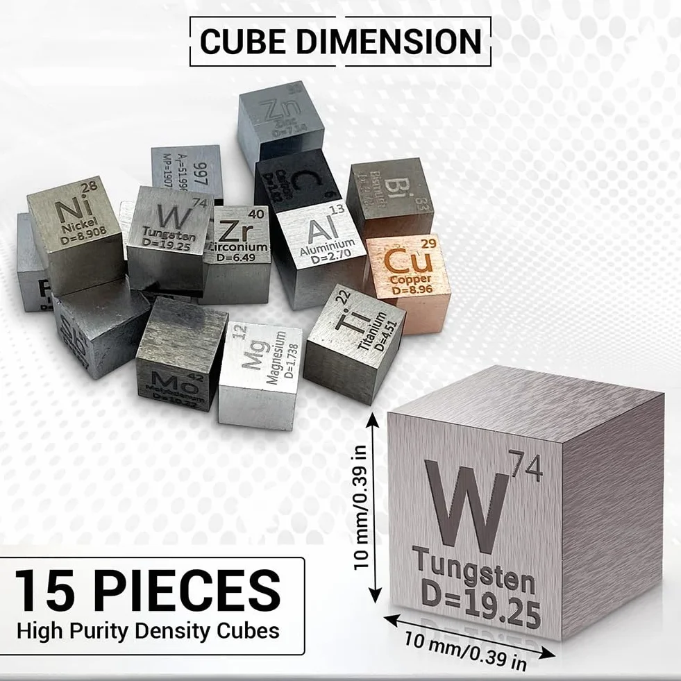 Cubos de Elementos MetáLicos de 15 Piezas - Juego de Cubos de Densidad para 1 ColeccióN de Tabla PerióDica de Elementos - Cubo de Tungsteno Puro (10 Mm)