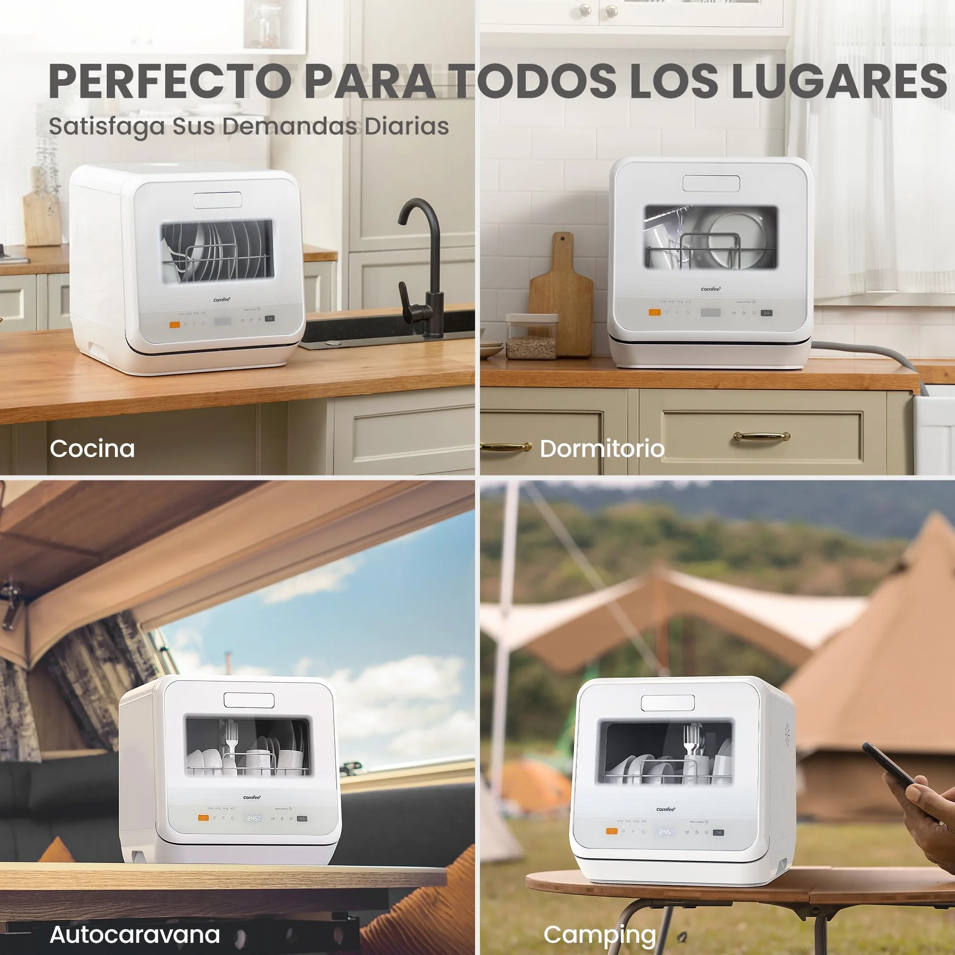 COMFEE' Lavavajillas de Encimera Mini, 6 Programas, Lavado con Vapor, Cuidado del Bebé, Lavado de Frutas, Sin Fontanería, Inicio Diferido, 72h Almacenamiento, Blanco