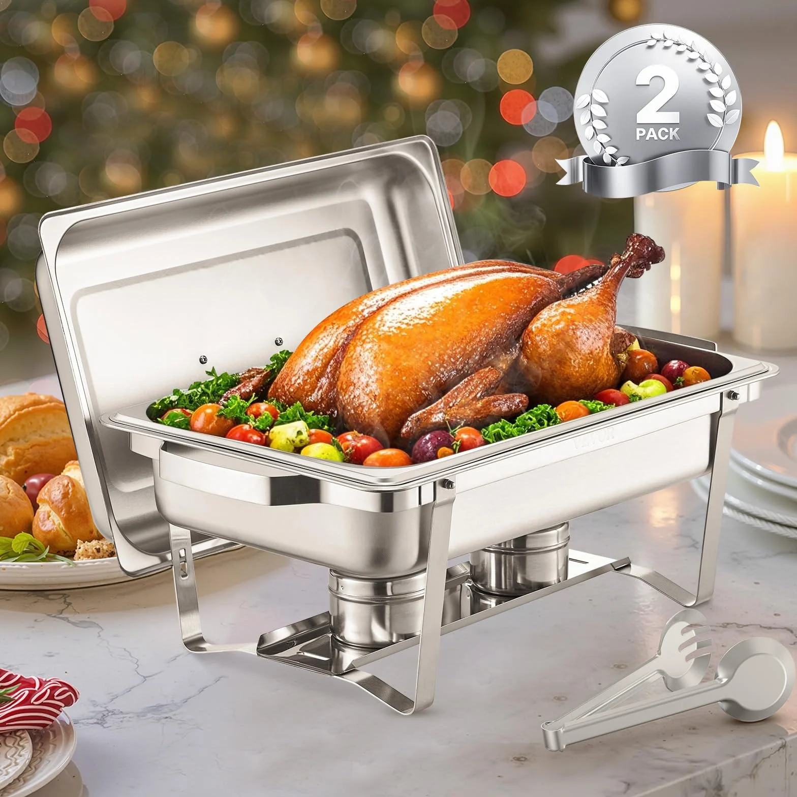 VEVOR Calentador de Alimentos para Bufé(7,5 L), con 2 Sartenes de Tamaño Completo, Dispensador de Calor Rectangular para Catering con Tapa y Soporte para Combustible, para Bodas, Plata, 2 uds