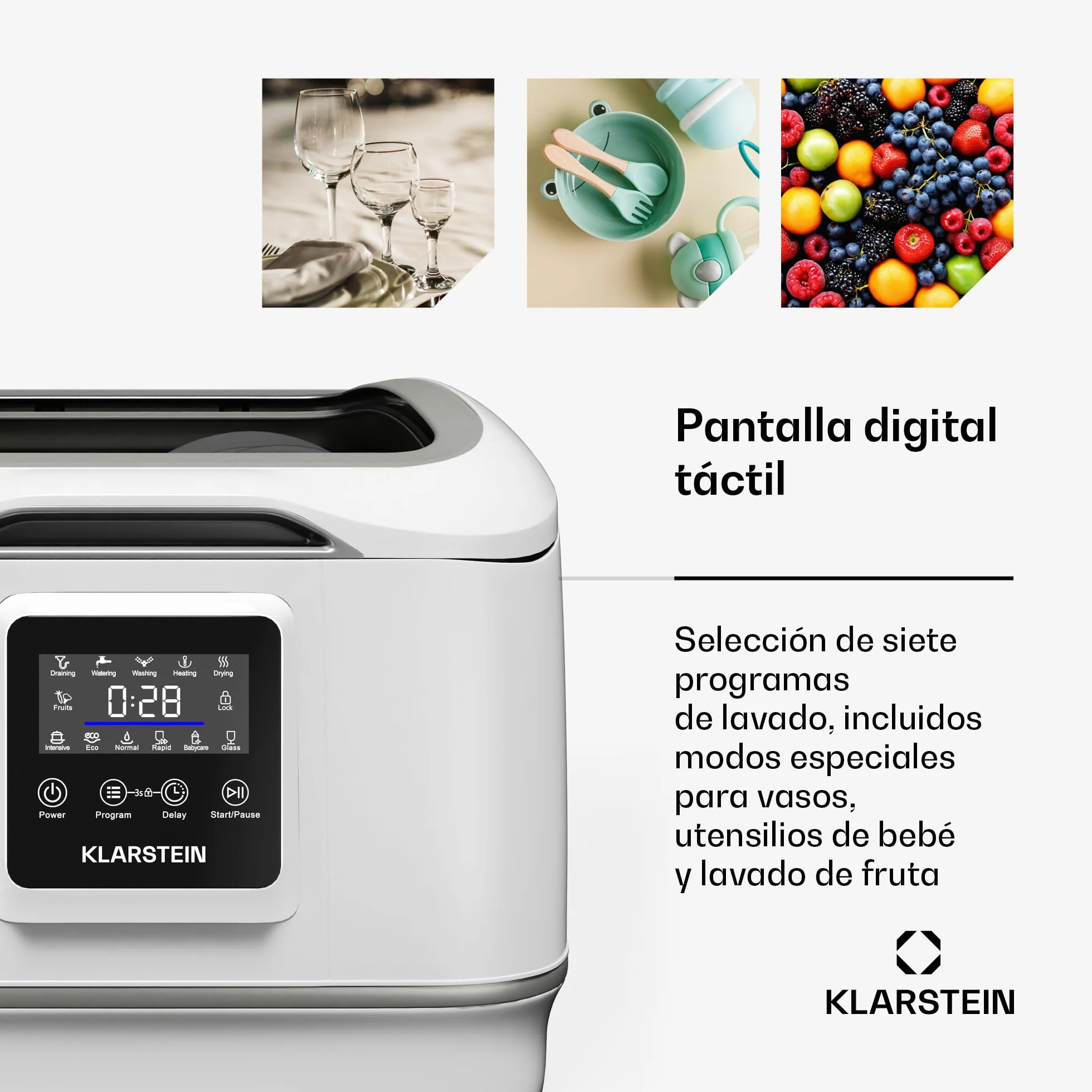 Klarstein SilentScrub lavavajillas encimera portátil compacto 3 cubiertos 7 programas pantalla táctil 55 dB