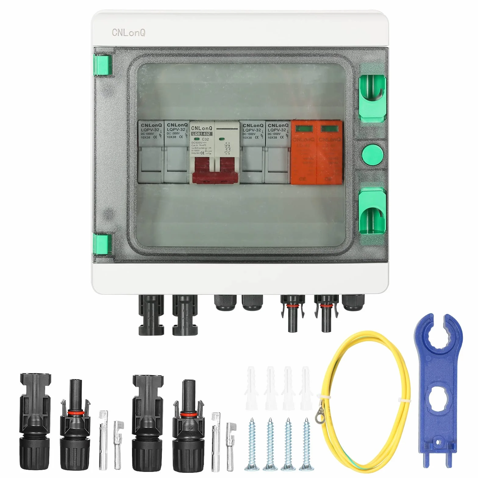 Caja Combinadora Fotovoltaica Con Disyuntor de 32A, Pararrayos y Conector Solar, Para Sistema de Panel de Red de Encendido/Apagado 500V, 2 in 1 out 2