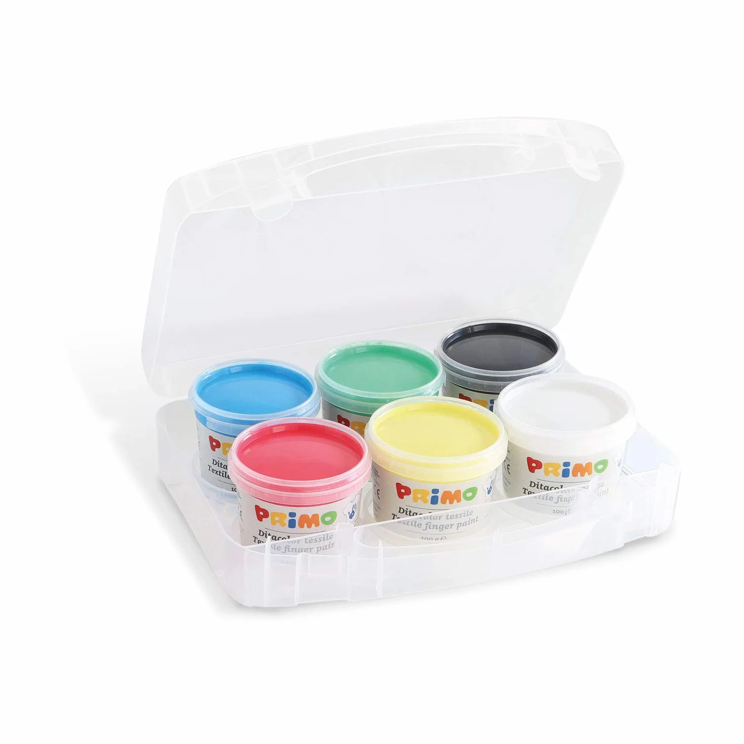 PRIMO Maletín Pinturas 6 Colores para Niños +2 Años, Pintura de Dedos 100g, Pintura Textil Lavable 30°, Dermatológicamente Probada, Made in Italy
