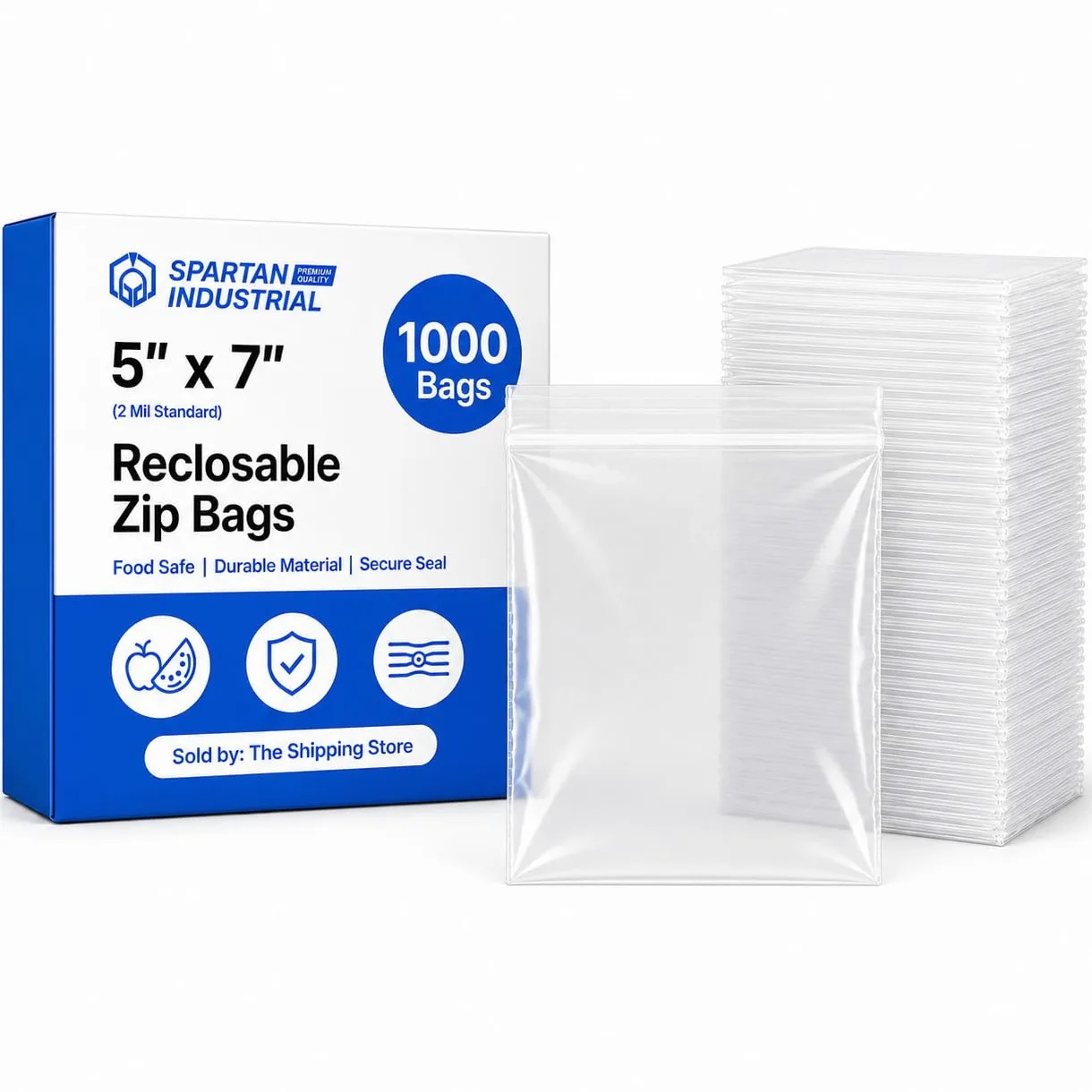 SPARTAN INDUSTRIAL Bolsas de polietileno transparentes con cierre resellable de 2 mil (5" x 7", 1000 unidades)