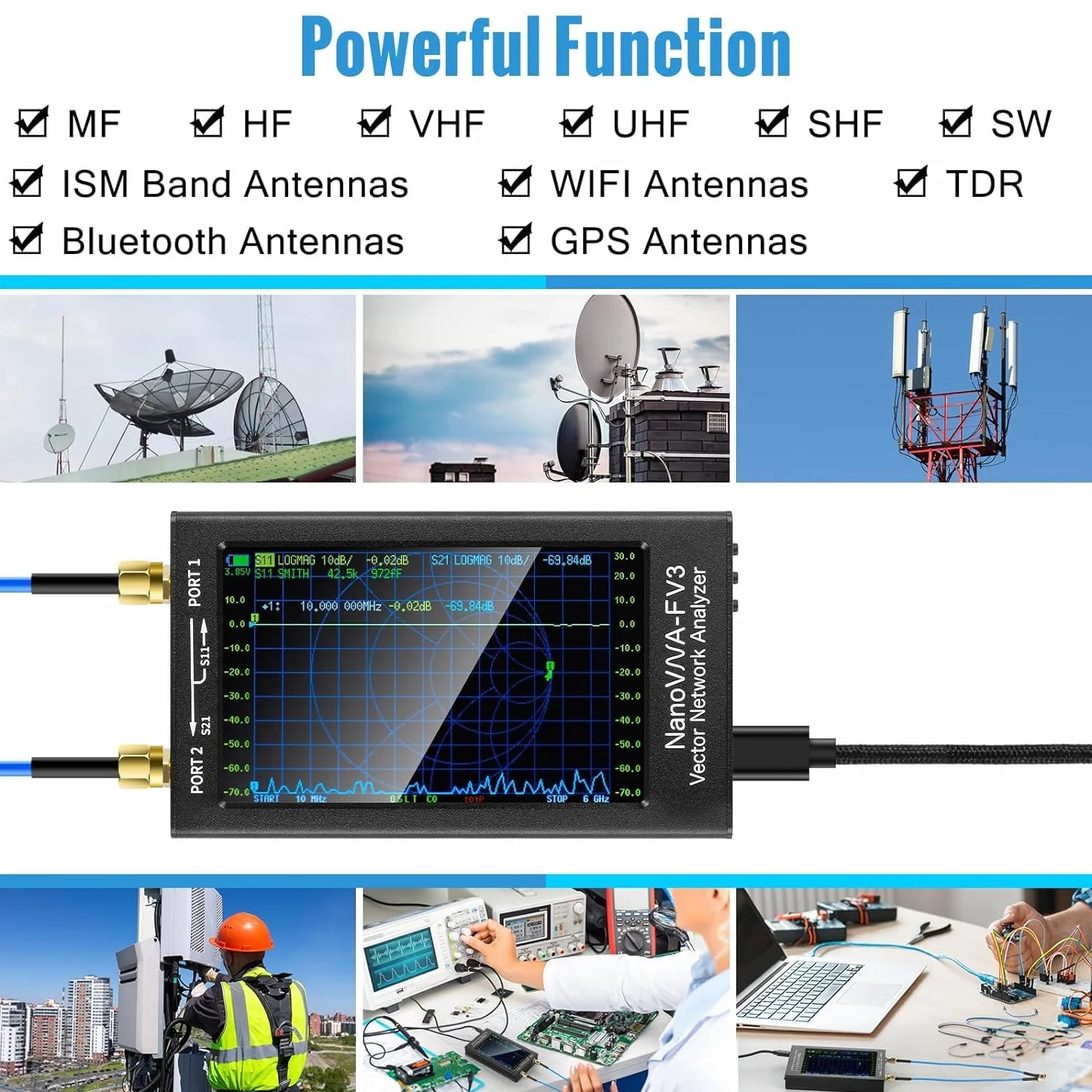 AURSINC NanoVNA-F V3 Analizador De Redes Vectoriales 4.3 1MHz–6GHz Antena Analista Radioaficionado Medición De Parámetros S Relación De Onda Estacionaria De Voltaje SWR, Fase, Retardo
