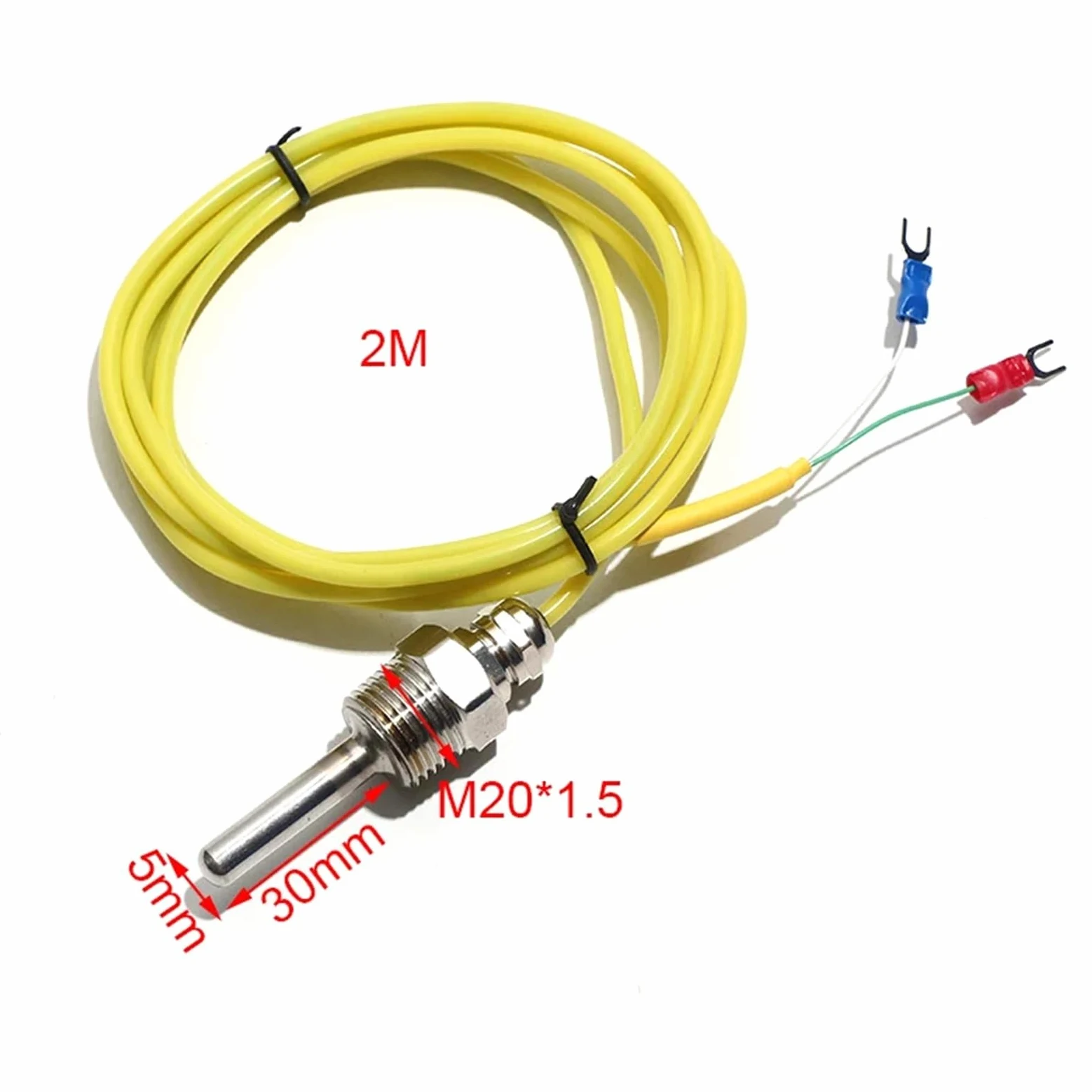 1 sensor de temperatura tipo K, sonda roscada de acero inoxidable de 2 m, termopar M12*1,5 mm/M20*1,5 mm, cable blindado con gel de sílice(M20x1.5 probe5x30mm)