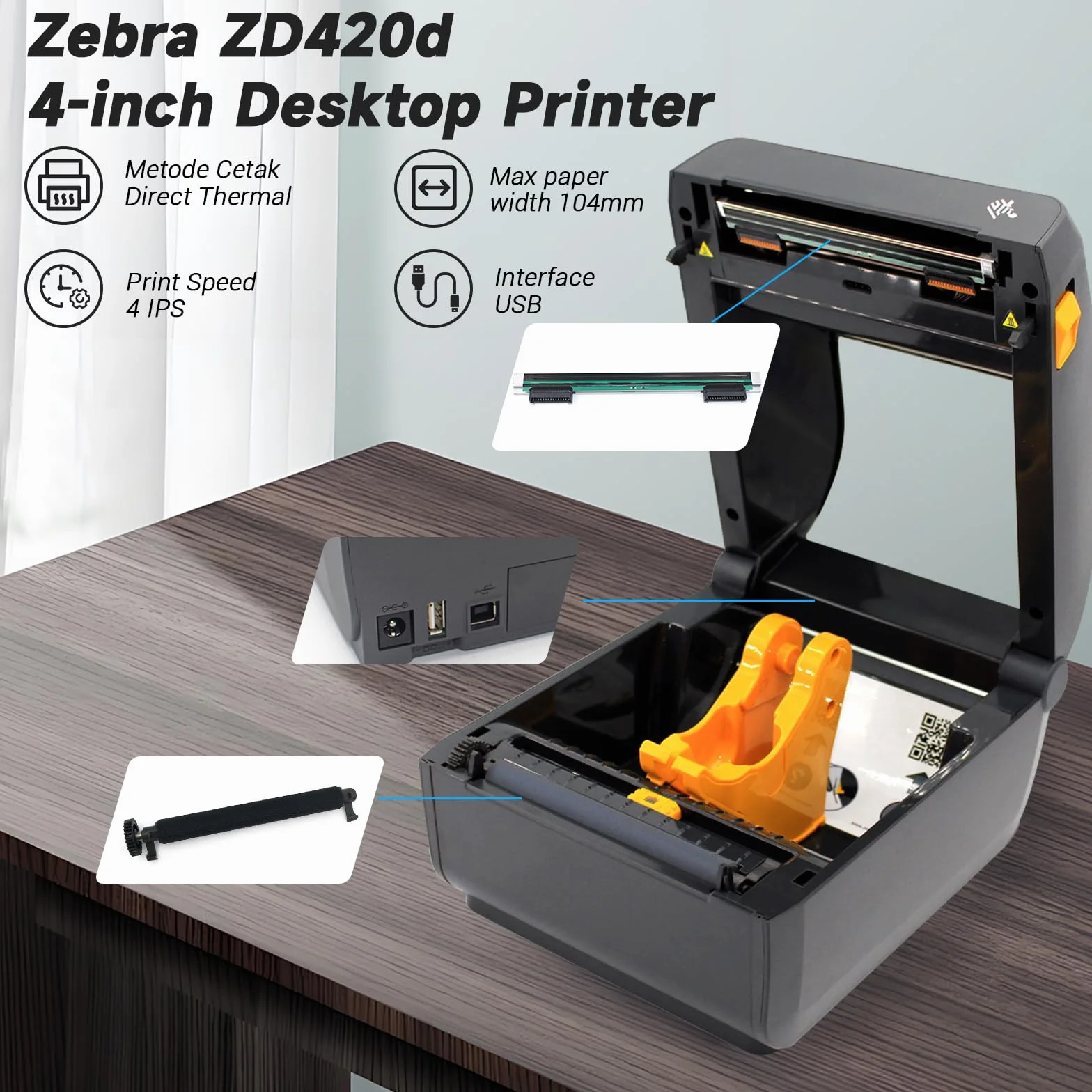 Zebra ZD420d ZD42042-D01000EZ - Impresora térmica directa de escritorio, 203 ppp, ancho de impresión de 4 pulgadas, USB