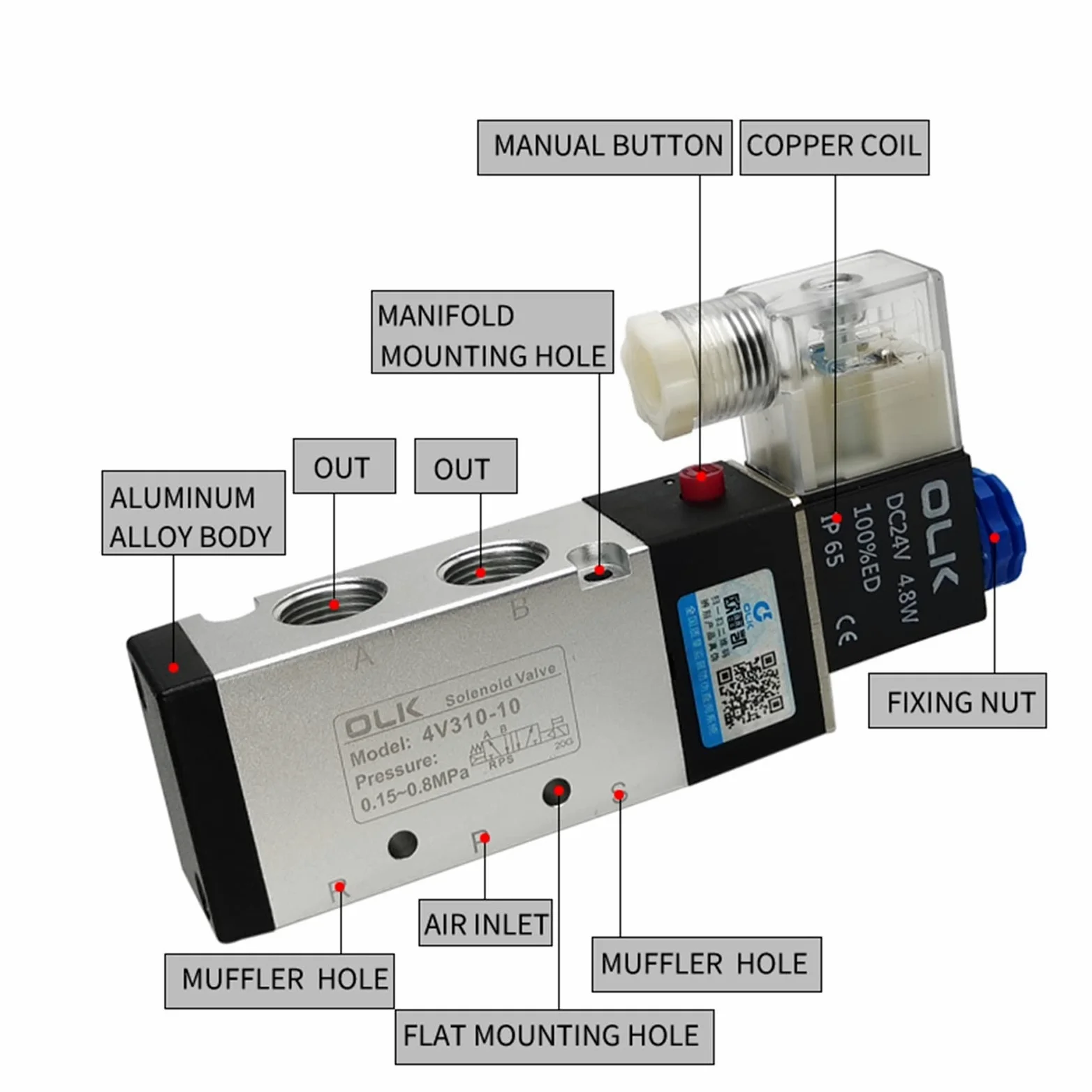 4V210-08 4v110-06 válvula de Aire neumática de 5 vías 5/2 electromagnética DC12V DC24V Controlador de válvulas solenoide AC110V AC220V 4V310-10(4V210-08,AC220V)