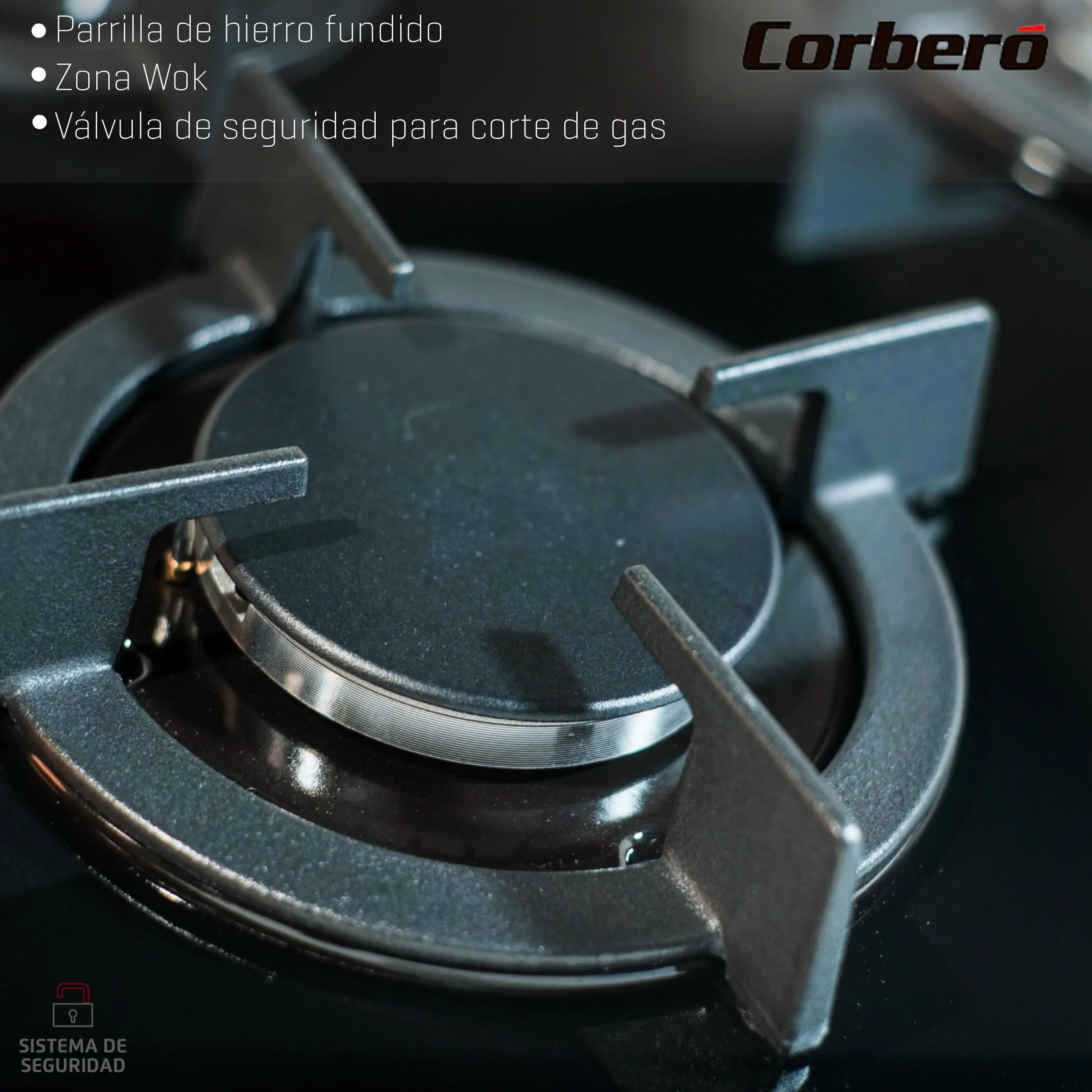 Corberó Placa Cristal Gas butano 3 Fuegos 7,75KW Zona Wok Negro