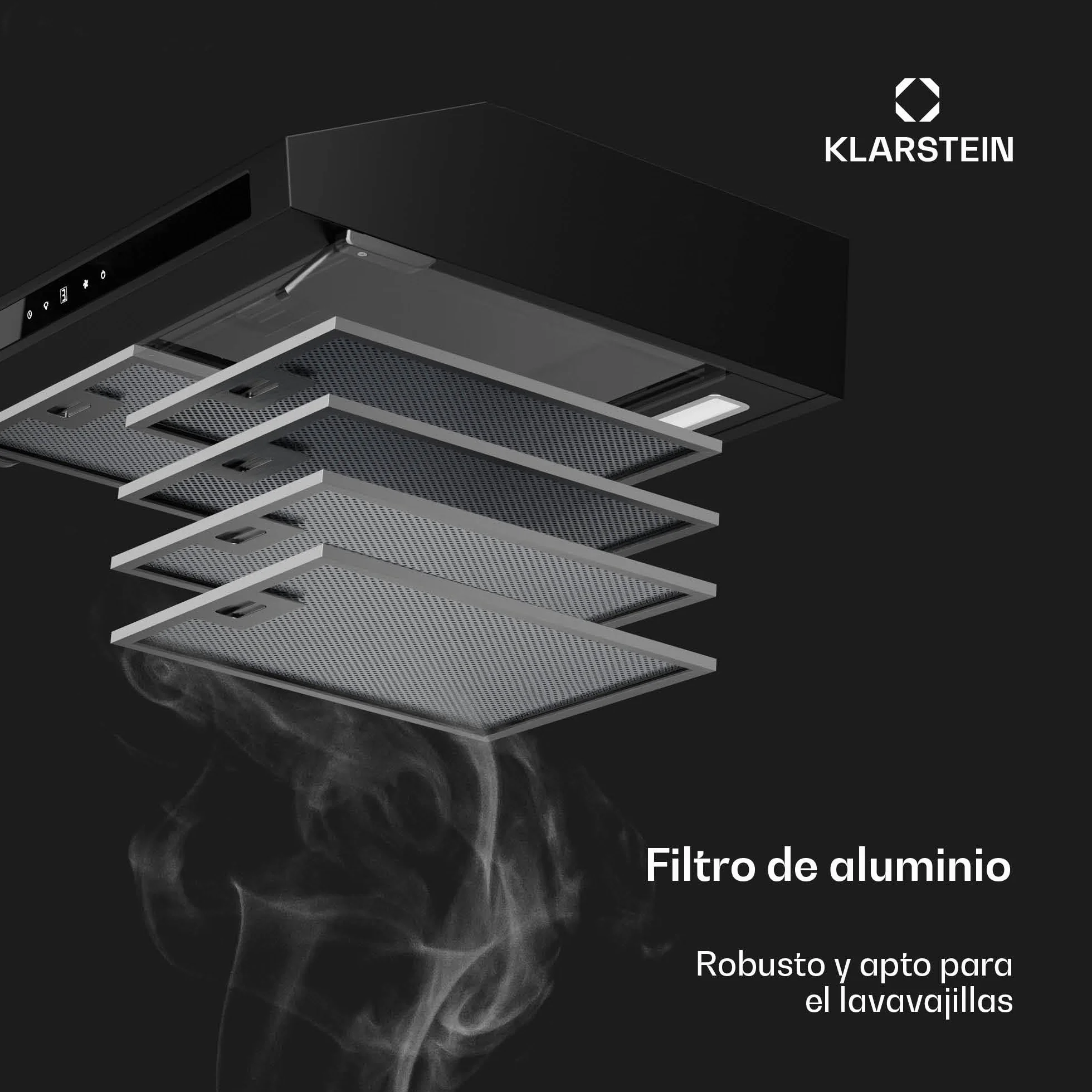 Klarstein Purista Force Campana Extractora 60cm Integrada Panel Táctil Led 400 m³/h Doble Motor Eficiencia Energética C Iluminación Led Filtro de Carbón Negro