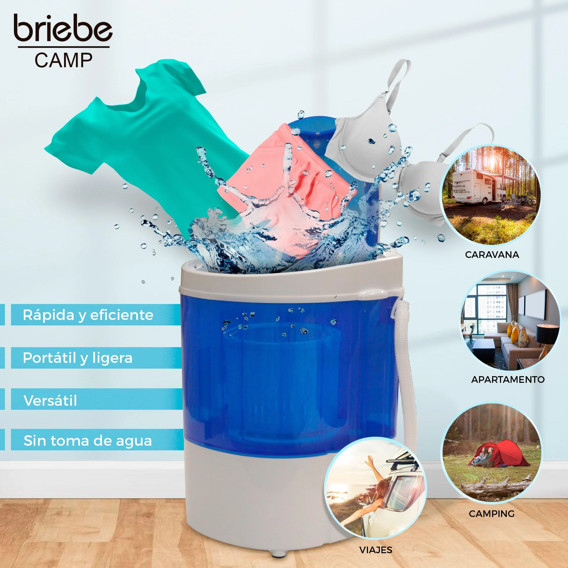 briebe Camp Mini Lavadora Portátil con Centrifugado 3kg Carga Superior Bajo Consumo