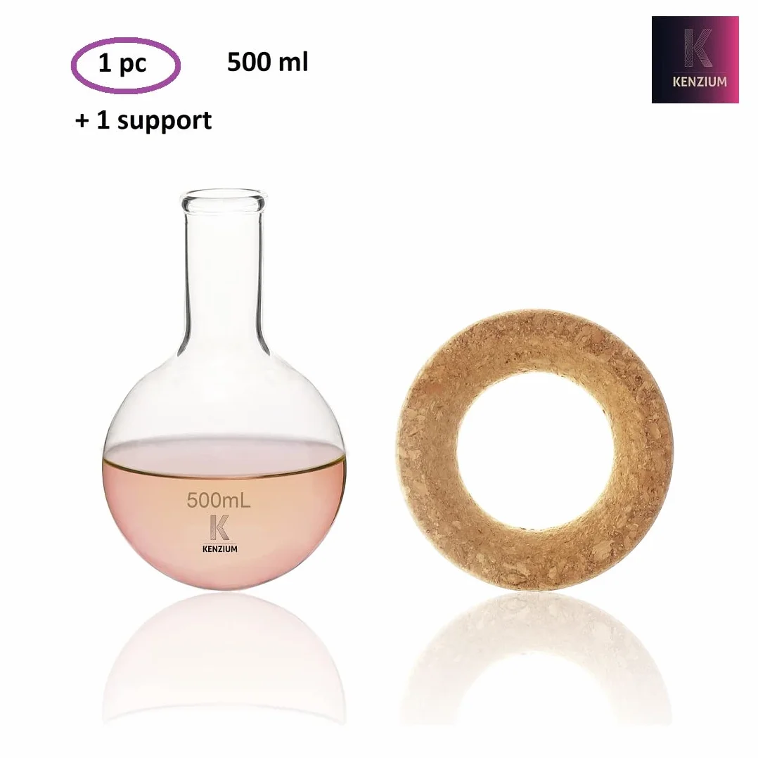 KENZIUM - Pack de 1 Matraz Esférico de Fondo Redondo + 1 Soporte para Balones | 500 ml | Vidrio Borosilicato 3.3 | Cuello Estrecho | Altamente Resistentes, Ideal para Ebullición