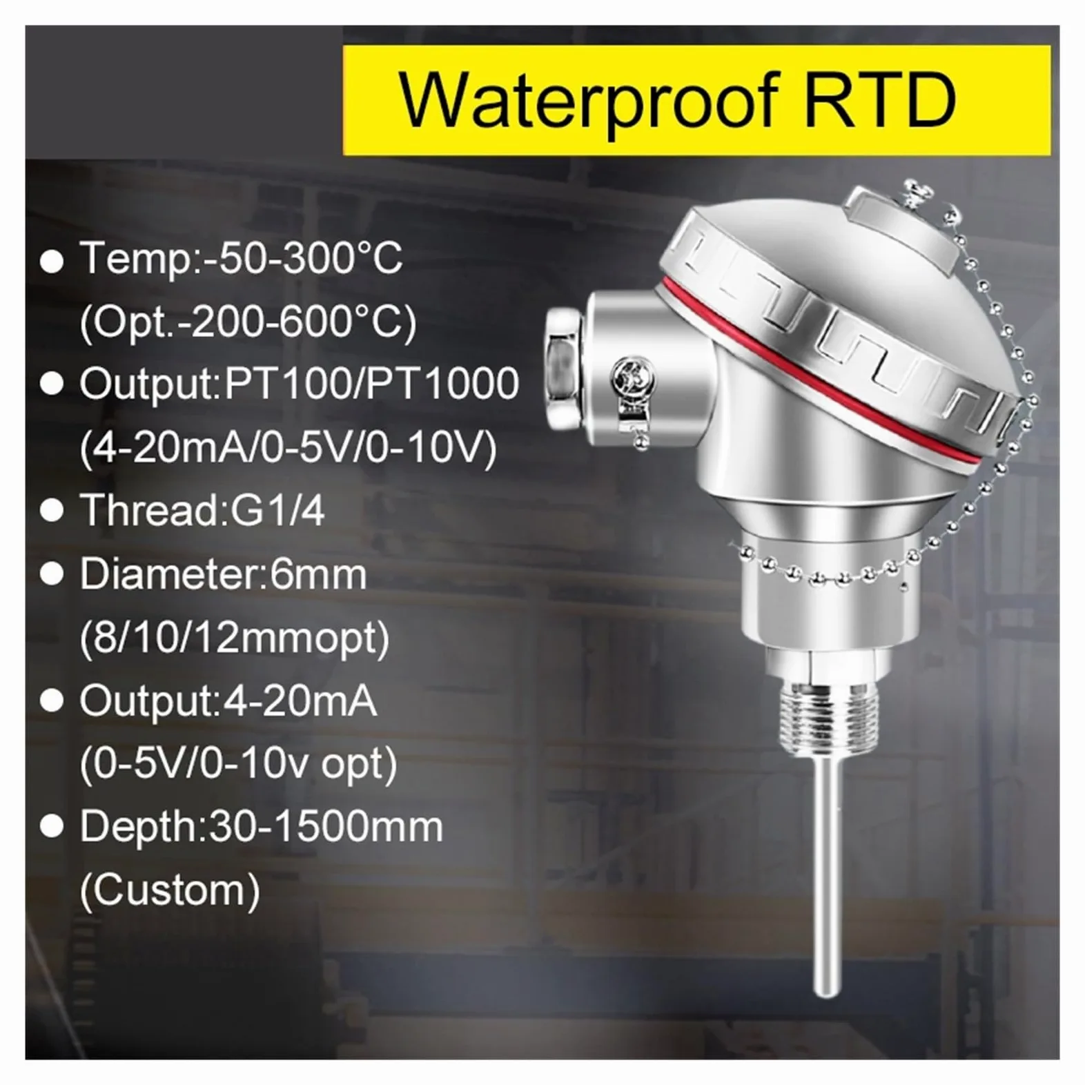 Sensor de Temperatura, Sensor RTD PT100, sonda Industrial integrada Acero Inoxidable con Rosca(250 mm)