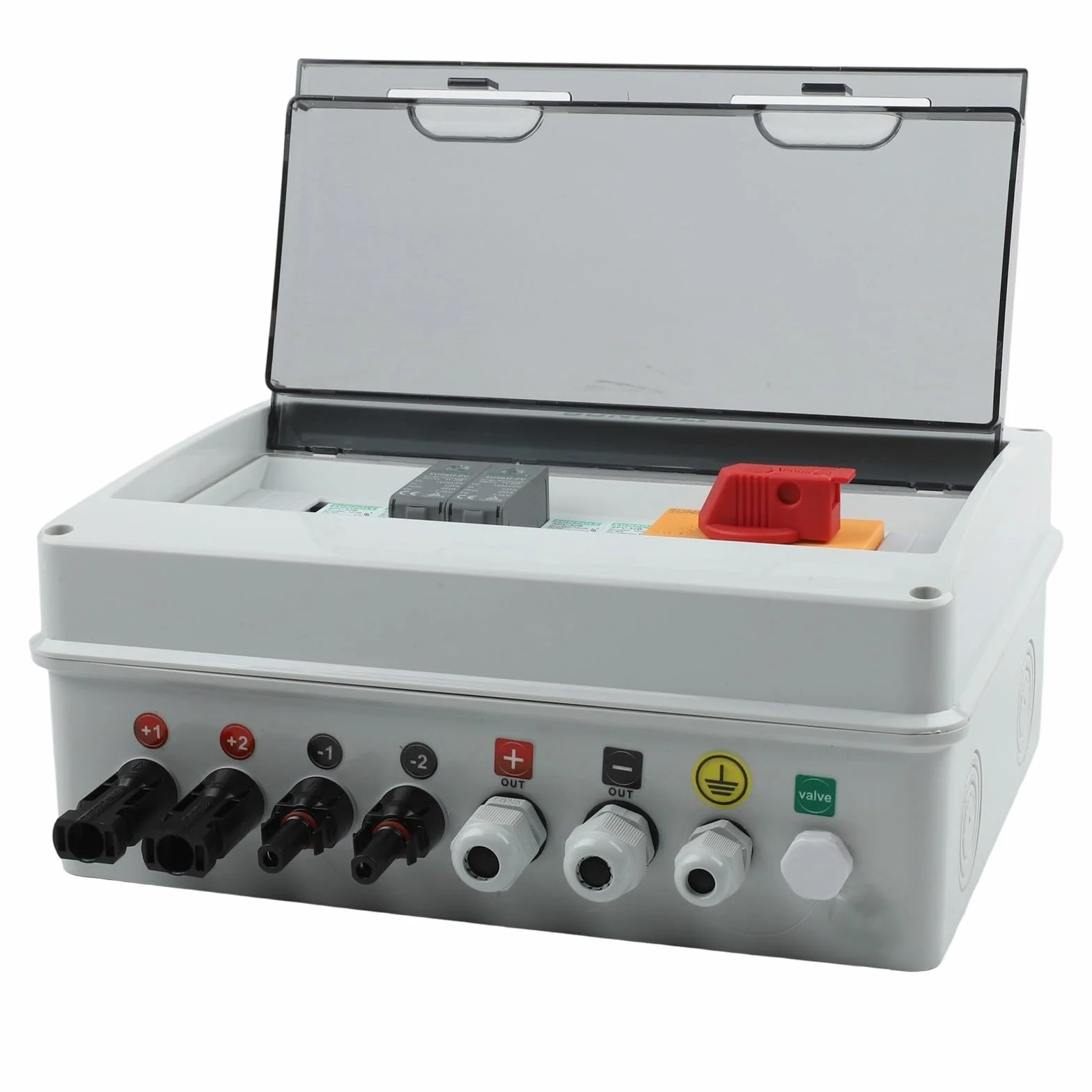 1000V 2 en 1 caja combinadora fotovoltaica para sistema solar fotovoltaico IP65 impermeable DC String Junction con fusibles de 16A DC y interruptor de aislamiento de 32A para paneles