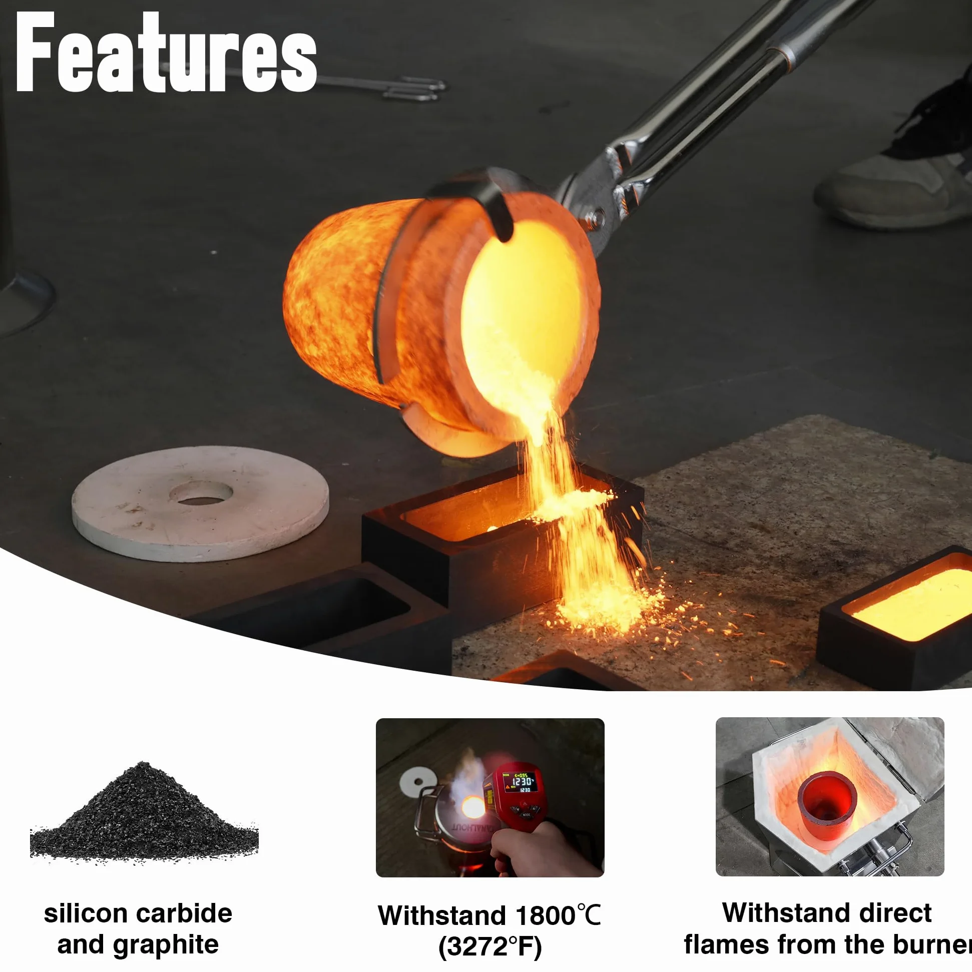 Crisoles de grafito de carburo de silicio,Crisoles para derretir metal,Resiste la alta temperatura 1800 ℃(3000 °F), Fundición de fundición de refinación de aluminio oro plata cobre