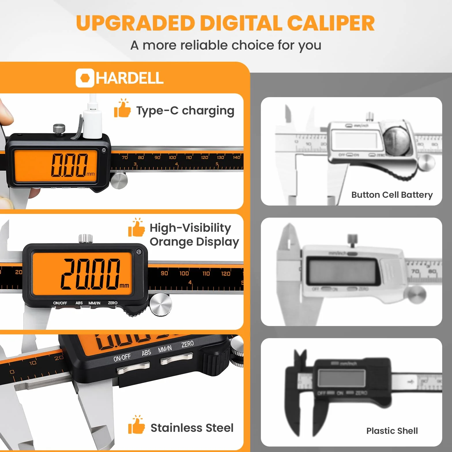 HARDELL Calibrador digital recargable LCD antirreflejos ABS acero inoxidable micrómetro pulgadas/mm