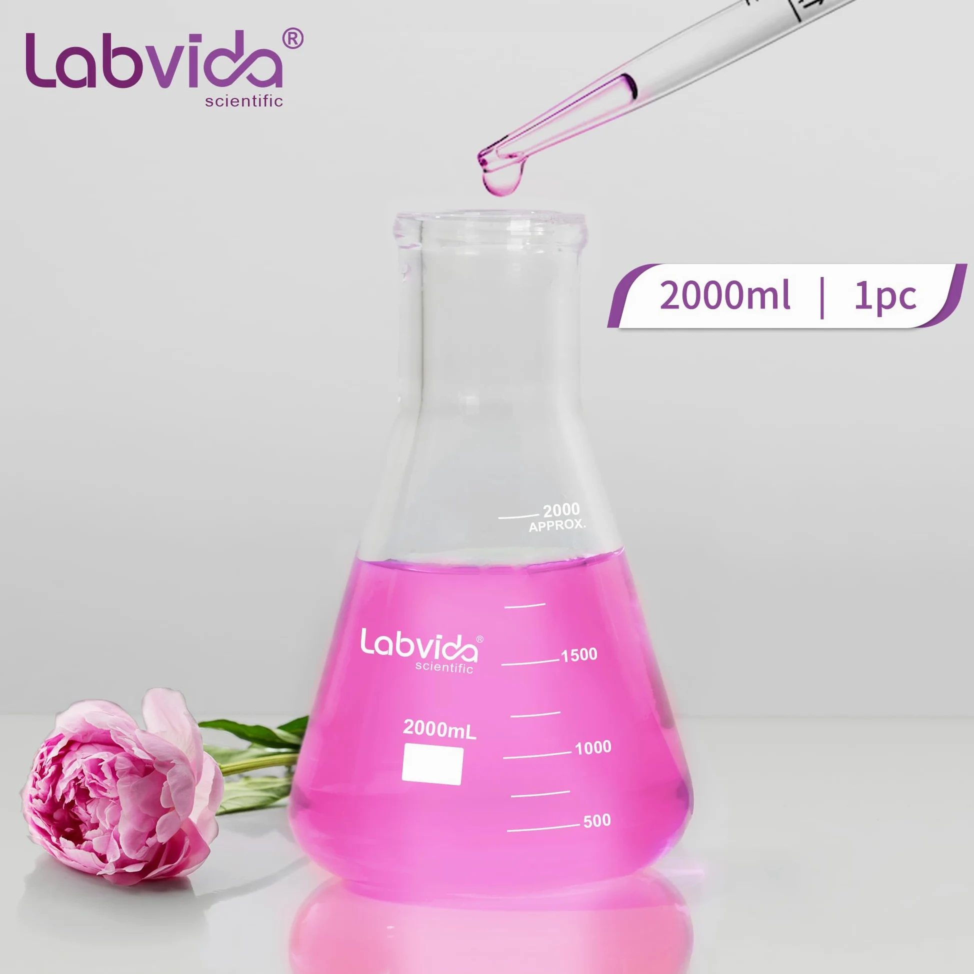 Frascos Erlenmeyer de vidrio de boca estrecha, Vol.2000ml, 3.3 Borocilicato con graduación impresa, LVC010