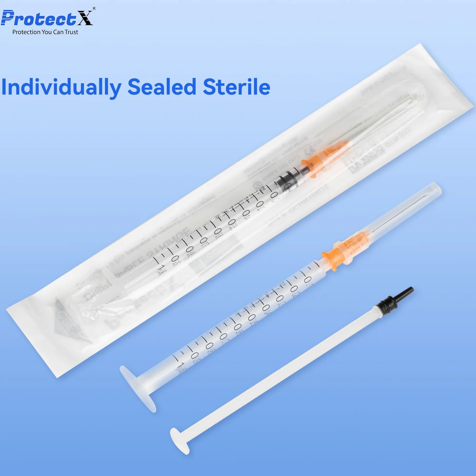 ProtectX Paquete de 50 jeringas desechables de 1 ml/cc con aguja de 25 g, jeringa desechable para laboratorios científicos, dispensación industrial de suministros para animales y mascotas, sellado