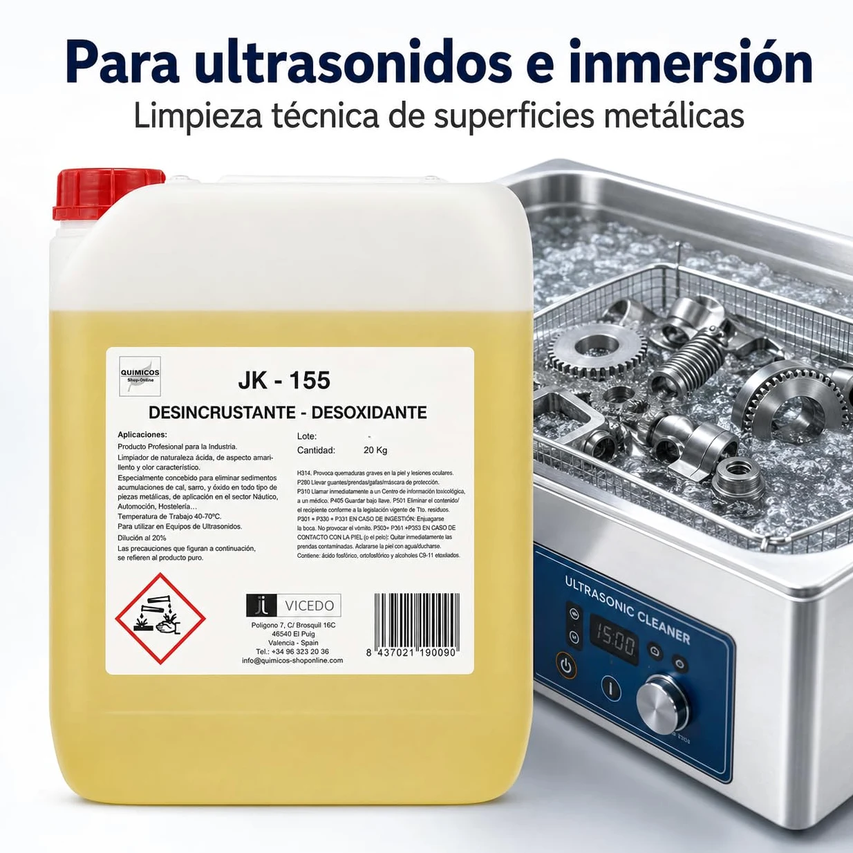 JK-155 Desoxidante Desincrustante Concentrado 5 kg para Ultrasonidos, Inmersión y Limpieza Técnica, Elimina Cal, Óxido y Depósitos Calcáreos en Superficies Metálicas