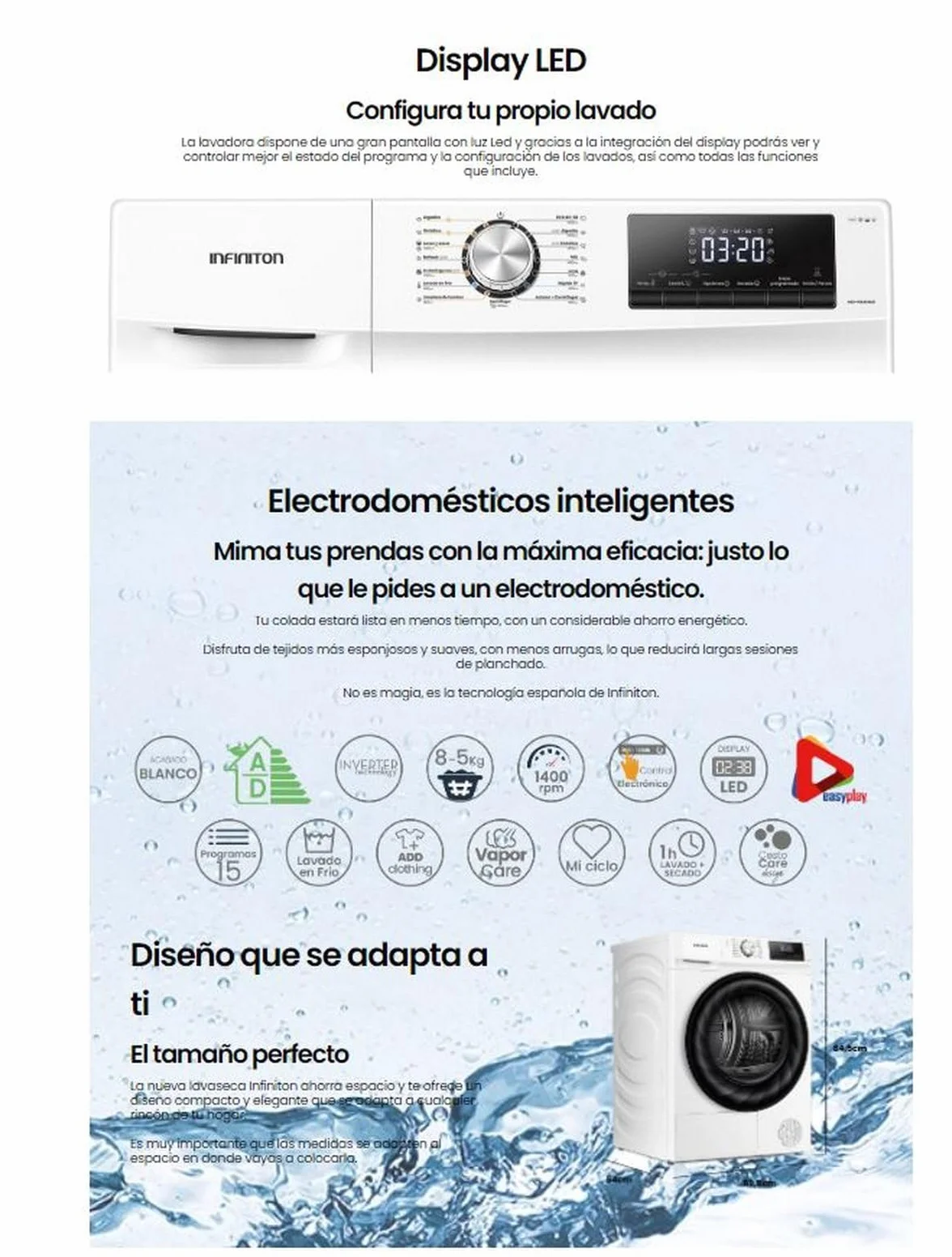 INFINITON Lavaseca WSD-Y8A5D4WD 8 kg 5 kg 85 cm 15 Programas Inverter Vapor Care Add Clothing Blanco