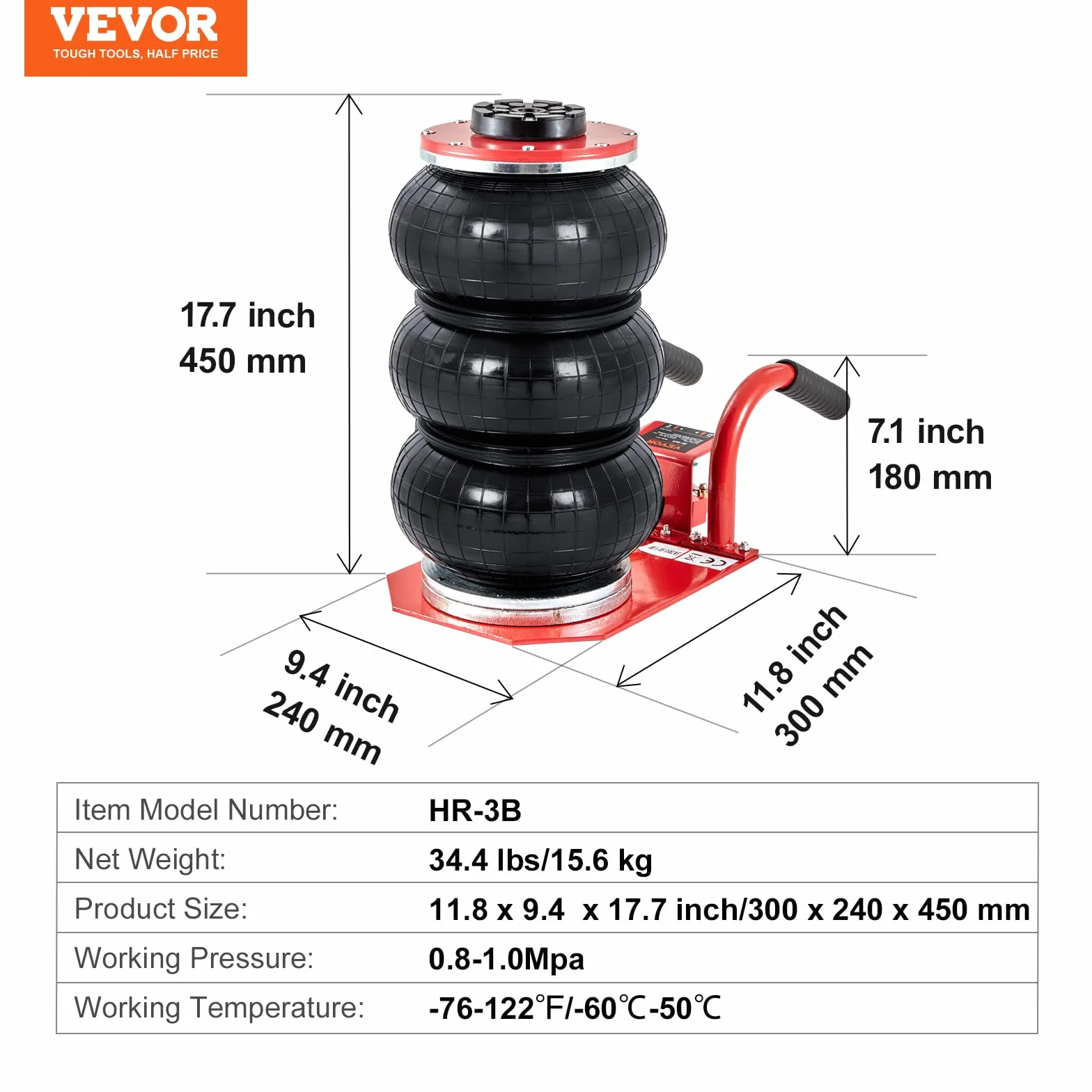 VEVOR Gato Neumático de Triple Bolsa Carga de 3 T Gato de Aire para Coche Elevación de 140-450 mm Gato Hidráulico Elevador Rápido para Reparación Mantenimiento Coche SUV Taller Garaje
