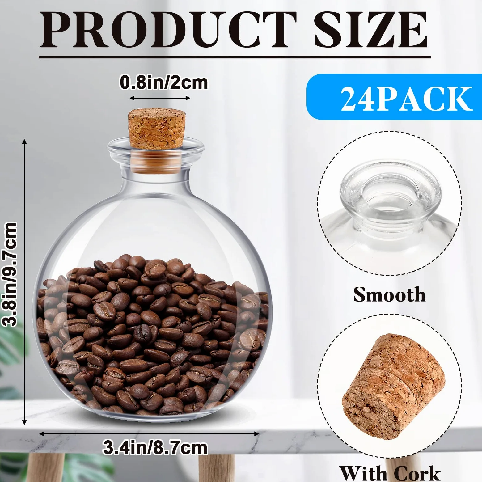 Nuenen 24 botellas esféricas de vidrio con tapón decorativo de corcho para poción, botella redonda transparente para tarros de arena, accesorios de disfraces, manualidades, aceite de agua, 8.5 onzas
