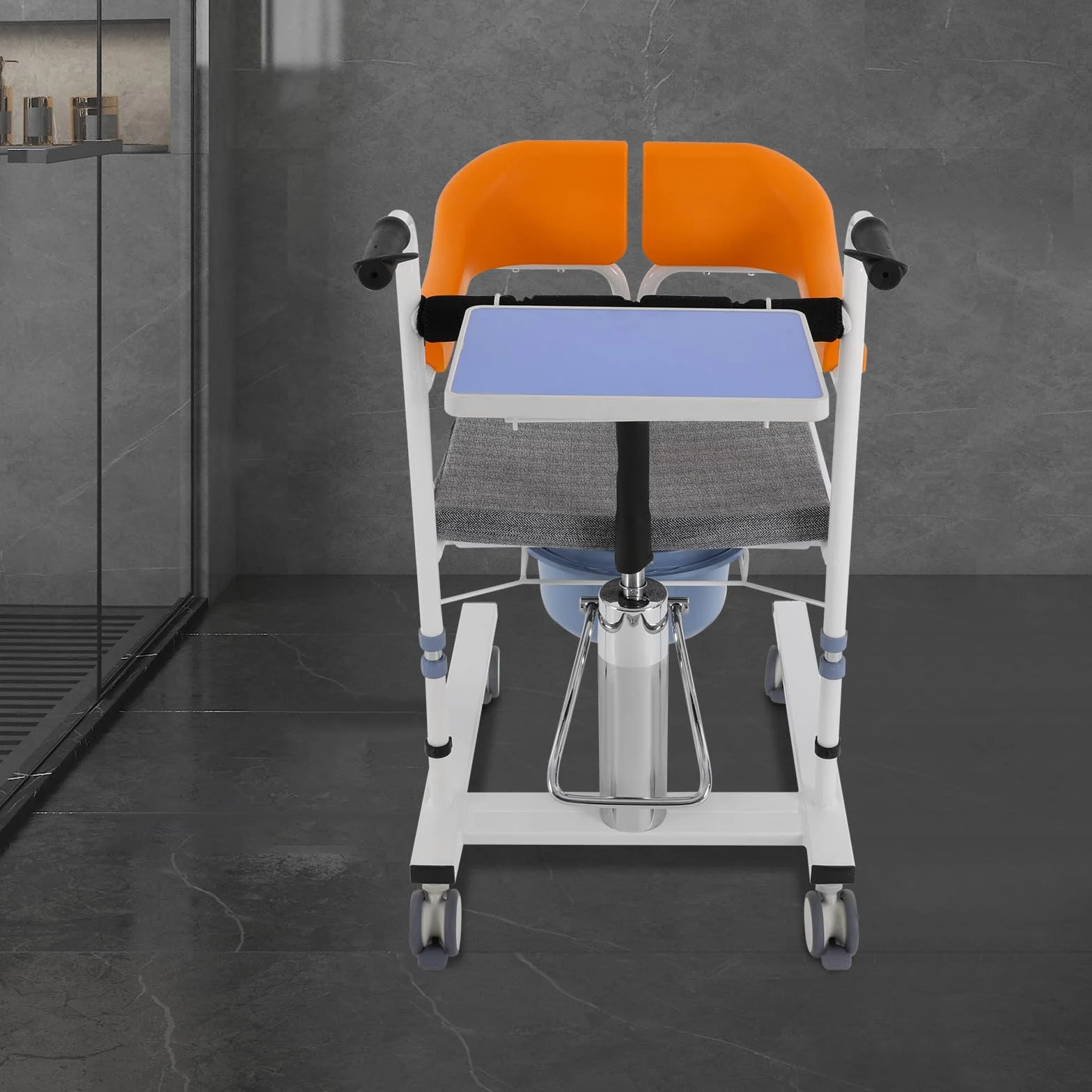 Silla de transferencia hidráulica para pacientes con ruedas, silla de transporte de altura ajustable con función de inodoro y mesa para ancianos y embarazadas, color naranja