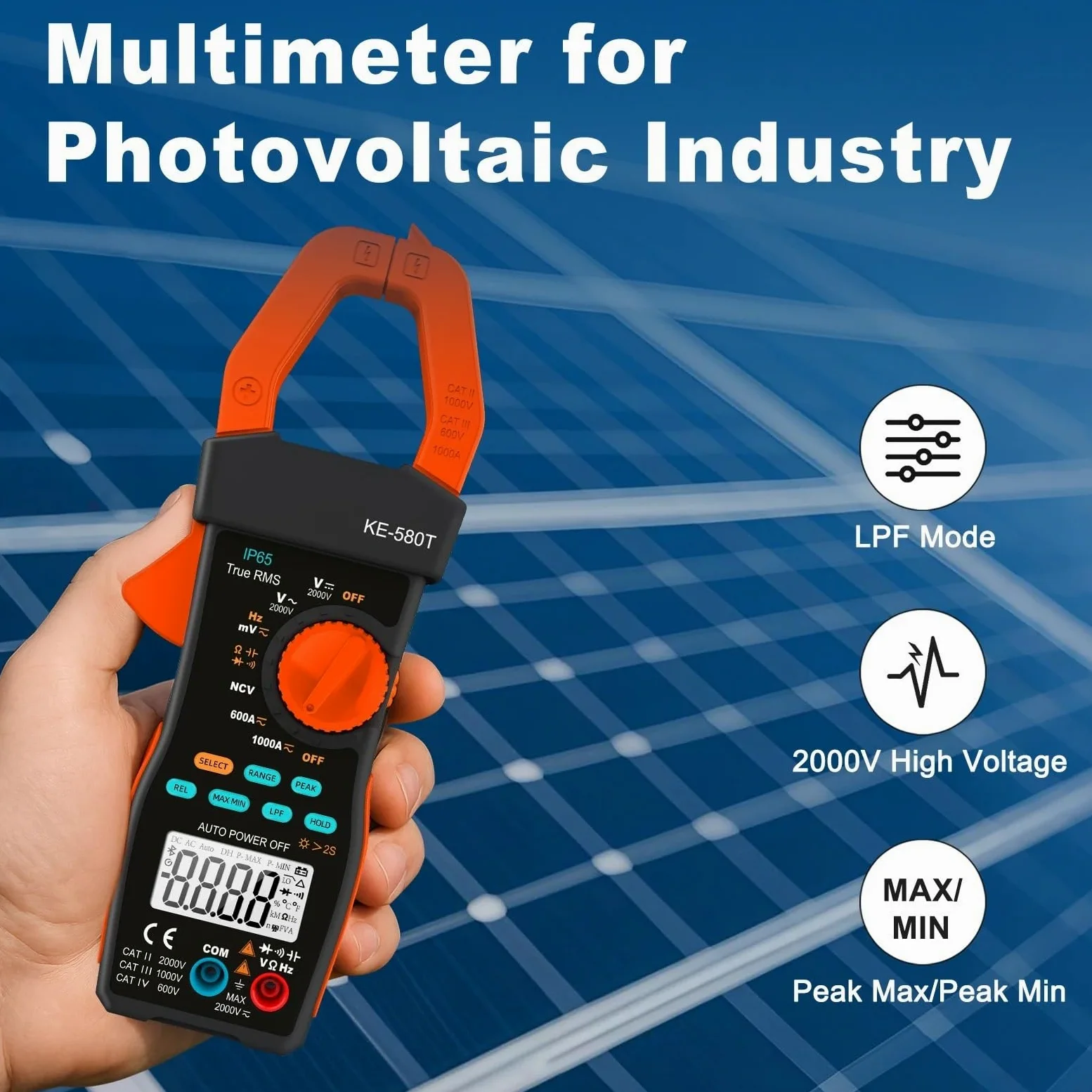 Pinza amperimétrica solar con valor eficaz verdadero de 6000 cuentas, capacitancia o NCV mandíbula LPF 2000V 1000A 45mm Borrar pantalla