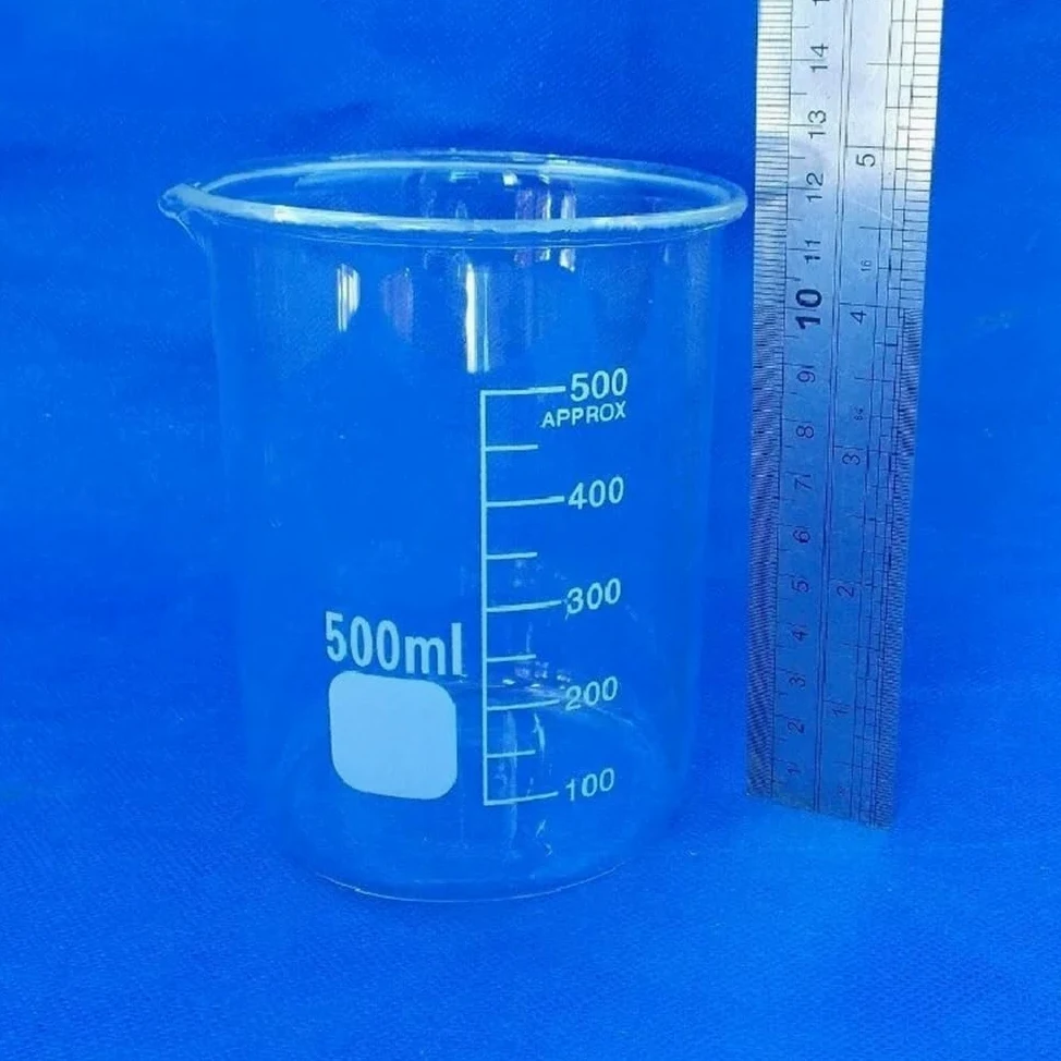 Vaso medidor de Laboratorio, Transparente, de 500 ml, con Pico Graduado para investigación científica.