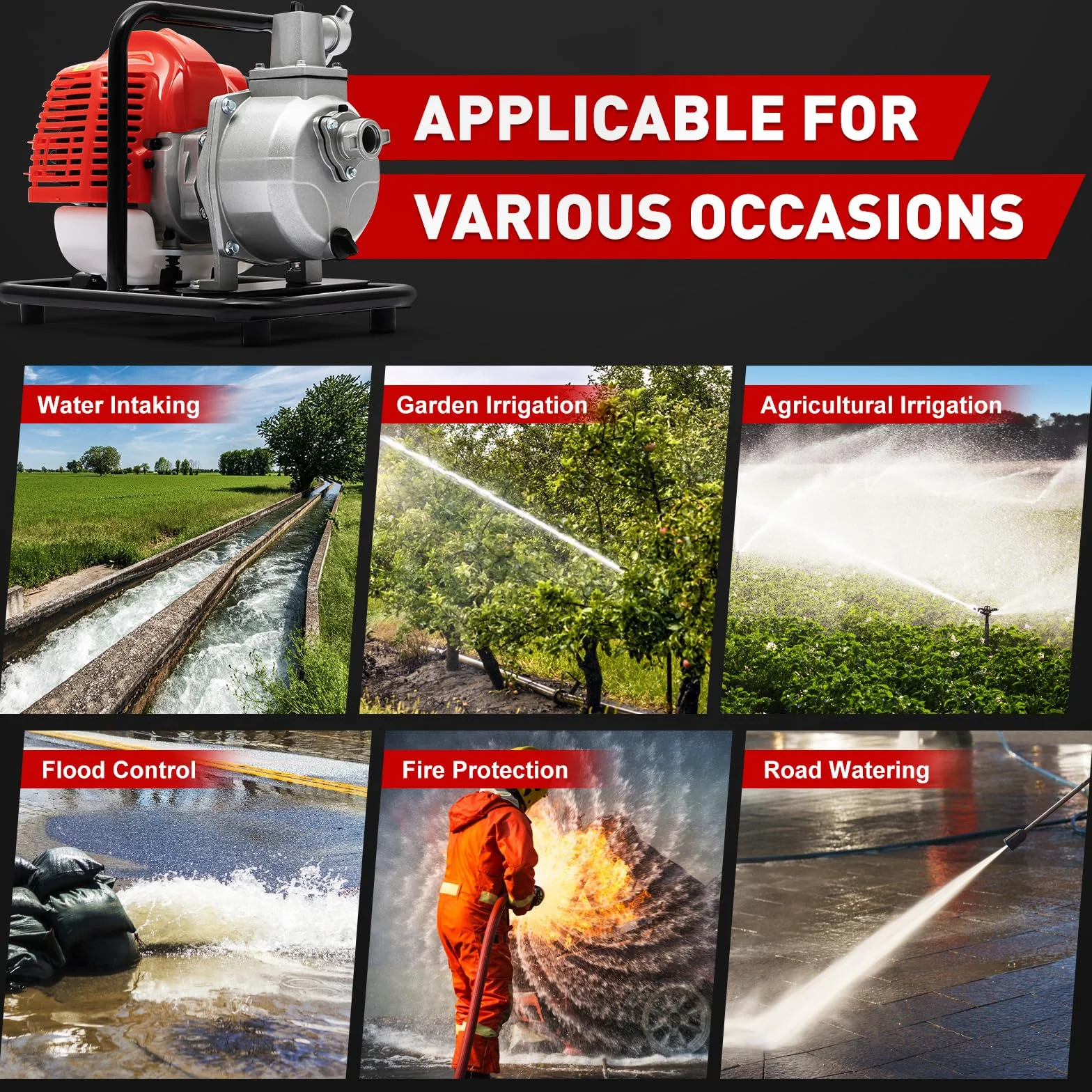 Bomba de agua de gasolina, 1,25 kW, 40,2 cc, 6500 R/min, motor de gasolina de 2 tiempos, motor de gasolina, máx. 30 m, bomba de agua de gasolina con filtro de aire adicional para drenaje o