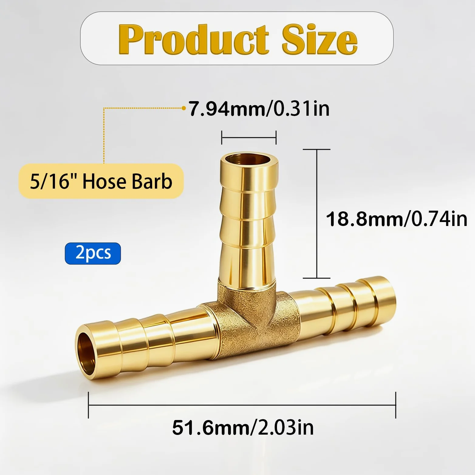 2pcs 5/16 "latón Tee Barb Fitts,3 vías Unión Intersección montaje T forma de púas Splitter montaje empalmador con abrazaderas de manguera para agua combustible aire H-058-5/16