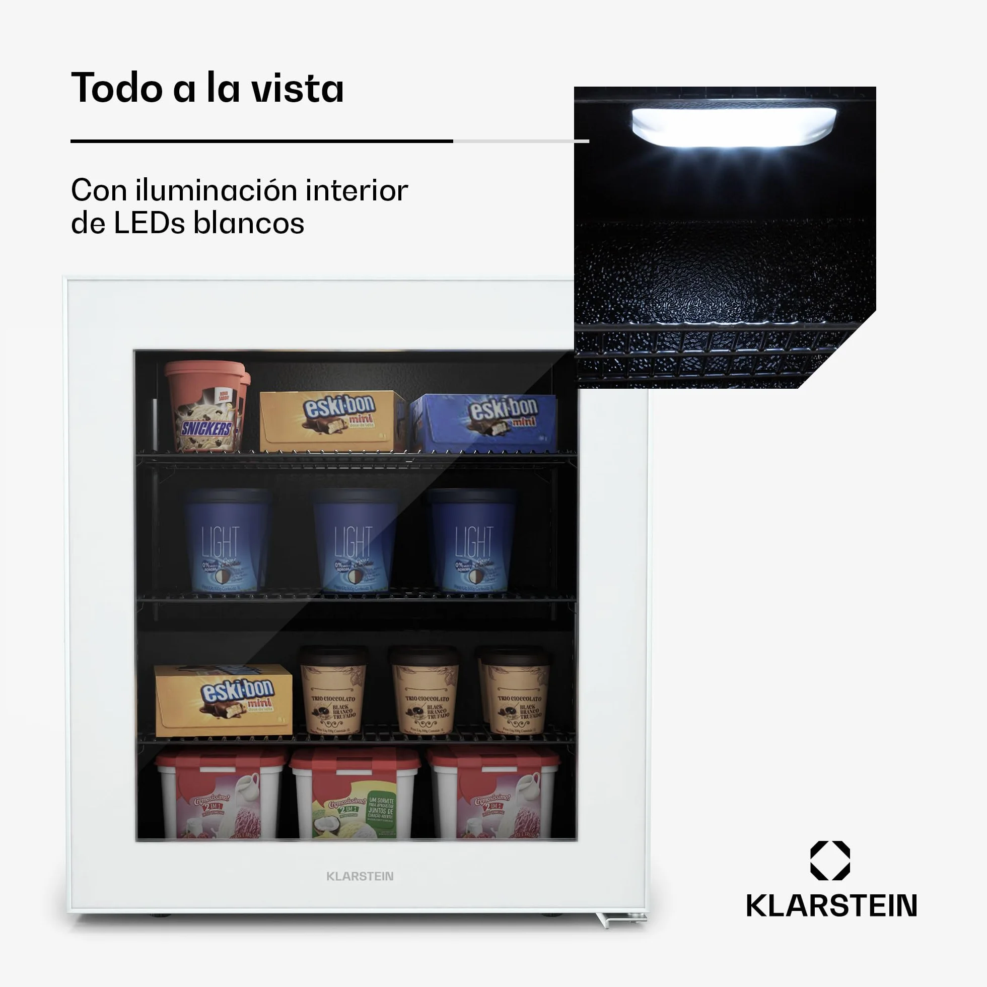 Klarstein IceAge 88 Congelador Pequeño 88L Temperatura Ajustable 0 a -18°C Puerta de Cristal Iluminación Led 3 Estantes Eficiencia Energética E Blanco