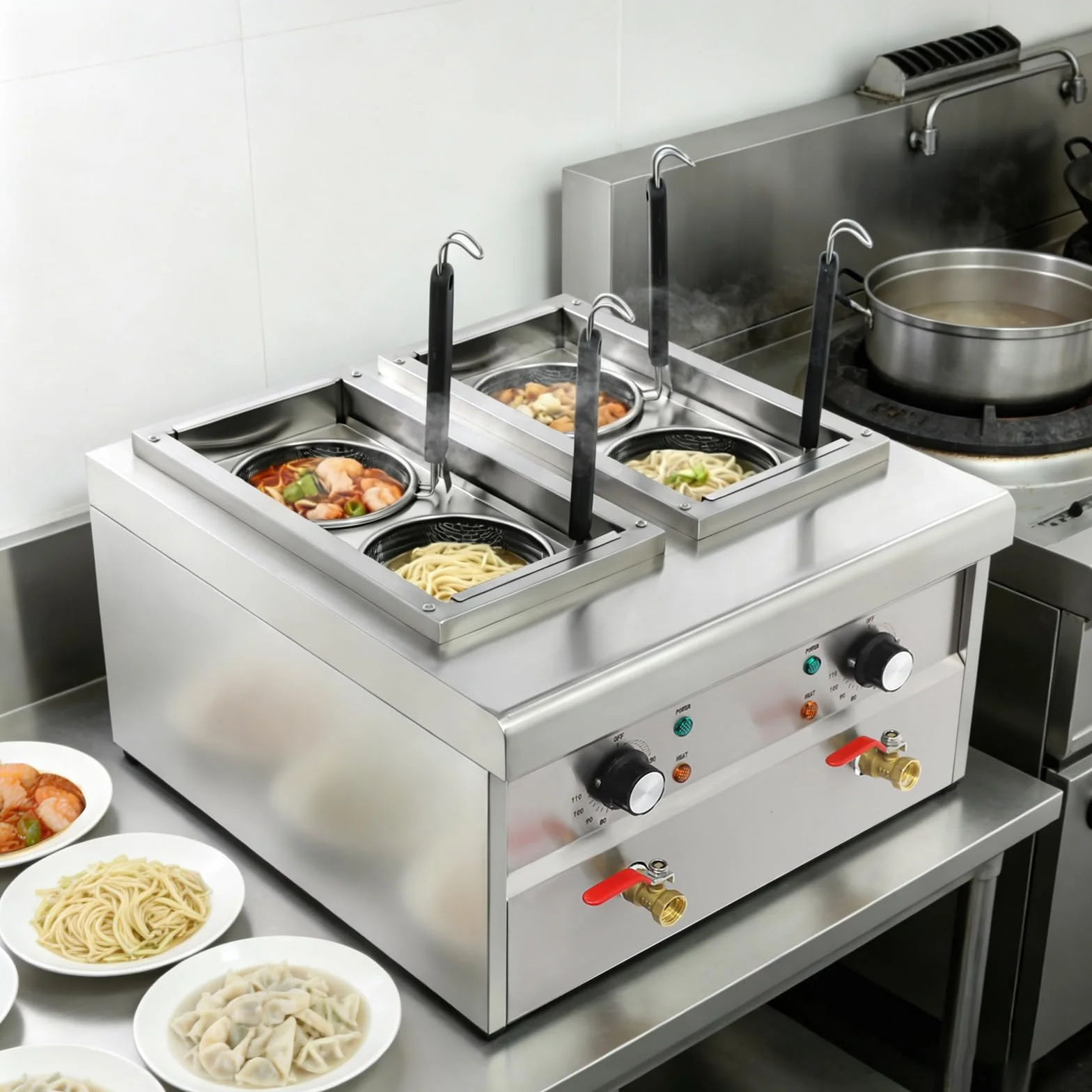 Cocedor de pasta eléctrico de acero inoxidable, 30 – 110 °C, con 4 cestas de colador y 2 tapas, para cocinas, restaurantes y restaurantes de pasta, 2 × 2 kW (plata)