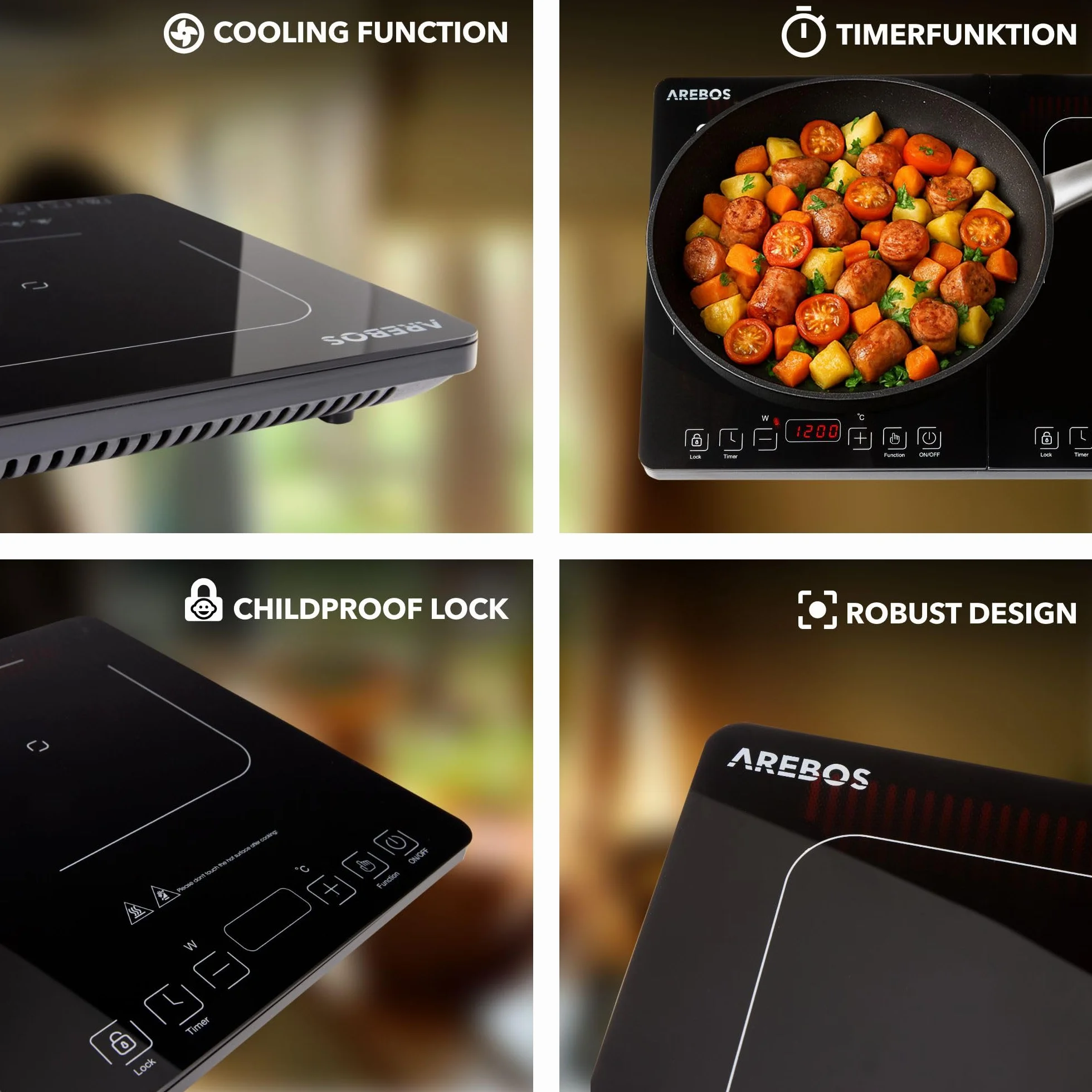 Arebos Placa de inducción doble 3500W 2 zonas cocción pantalla táctil temporizador portátil