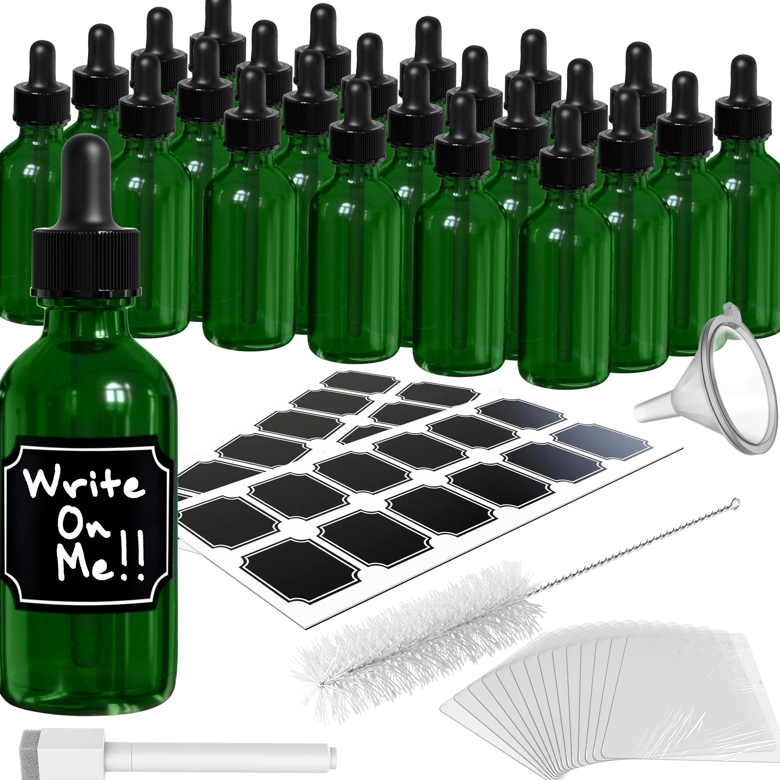 Nevlers 24 botellas cuentagotas de vidrio verde de 2 onzas, botella de vidrio pequeña de succión firme sin fugas con cuentagotas versátil, botellas de tintura, botella cuentagotas de medicamentos,