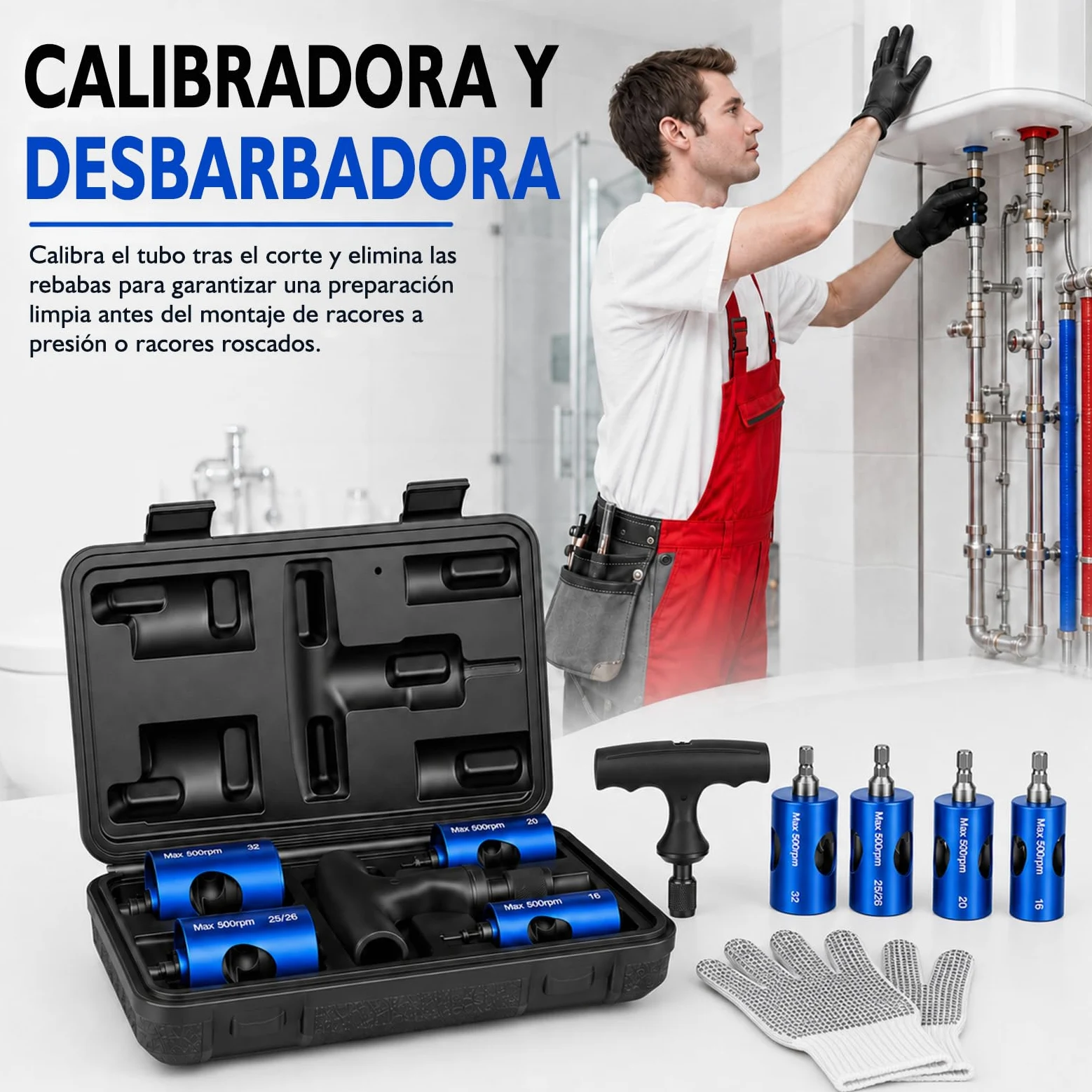 Kit Pro Escariador, Abocardador y Calibrador Multicapa Ø16-20-25/26-32 mm, Desbarbador para Taladro con 4 Cabezales, Mango y Maletín PEX PER