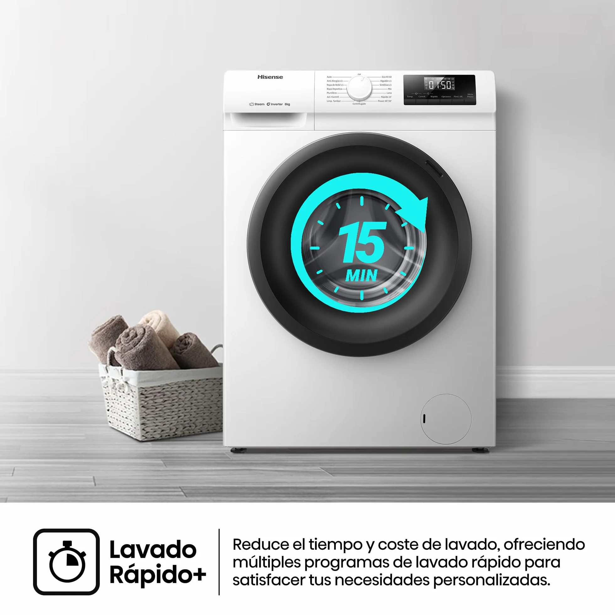 Hisense Lavadora 8 Kg 1400 rpm Clase A 85x60 cm Blanco Vapor 99,9% Inverter