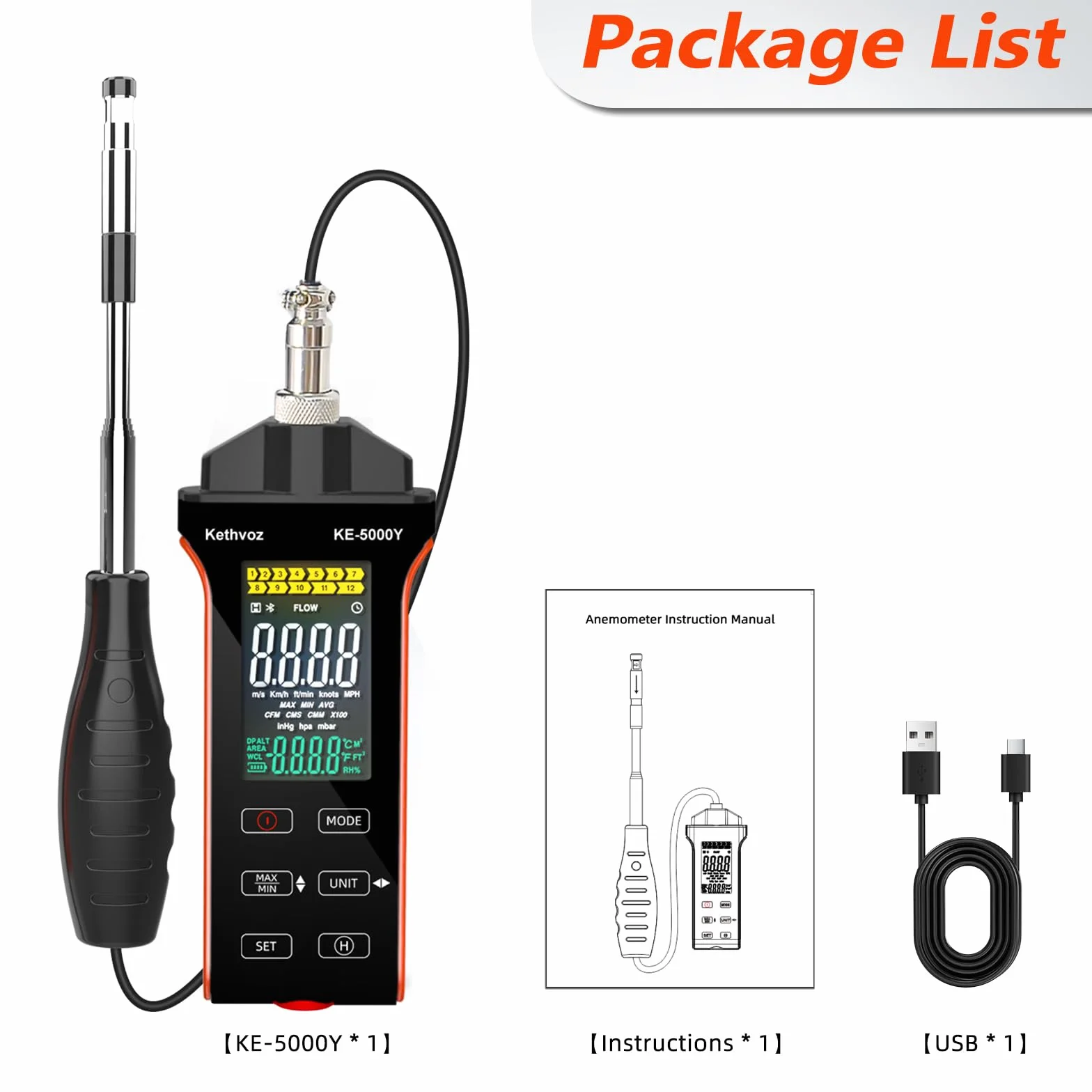 Anemómetro digital Kethvoz KE-5000Y HVAC medidor velocidad del viento CFM CMM 0-999900 ft3/min Temperatura Humedad