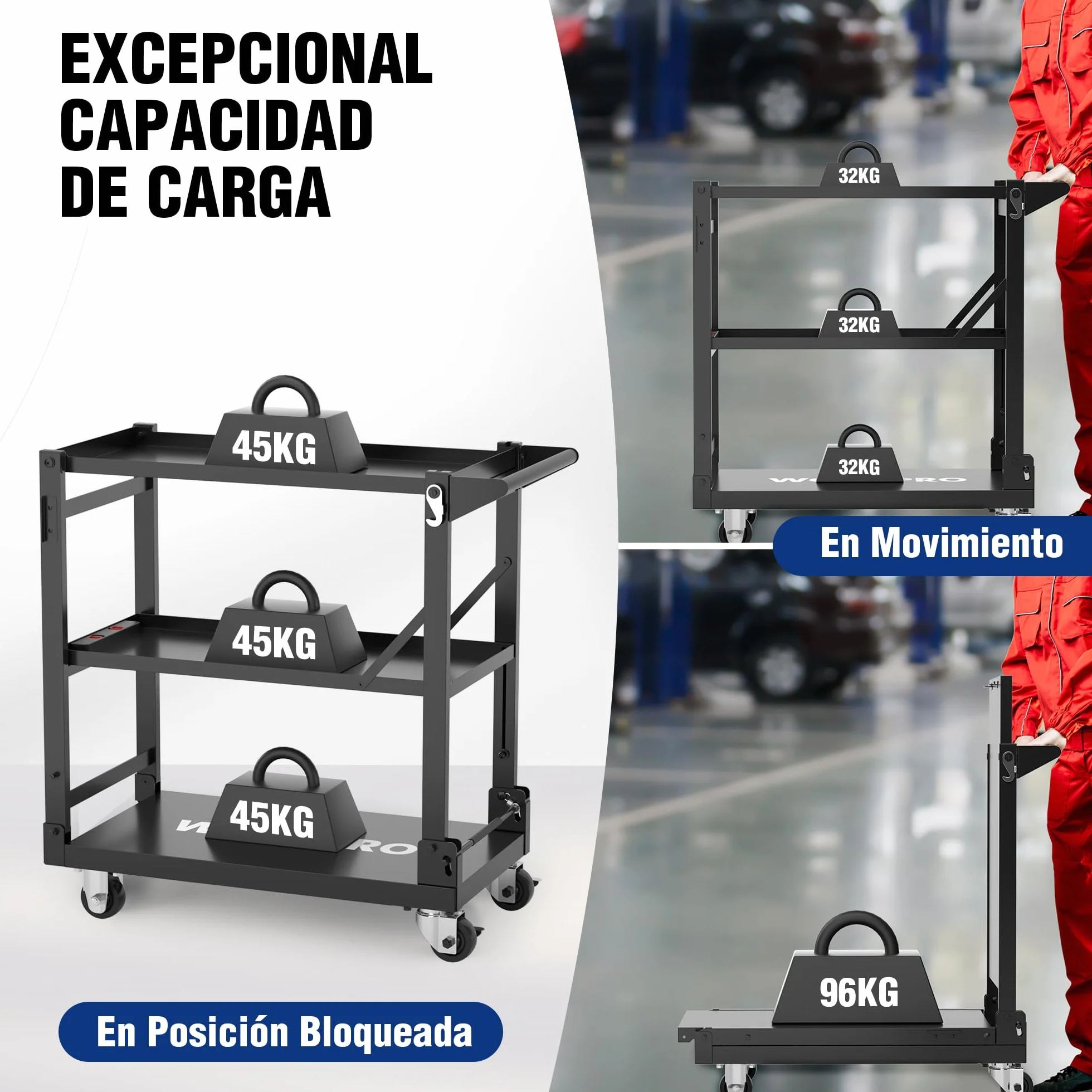 WORKPRO Carro de Servicio, 3-en-1 Carrito Plegable con Ruedas, Estantes de Almacenamiento Multifuncionales de Alta Resistencia, para Cocina, Hotel, Taller, Oficina, Almacén y Casa