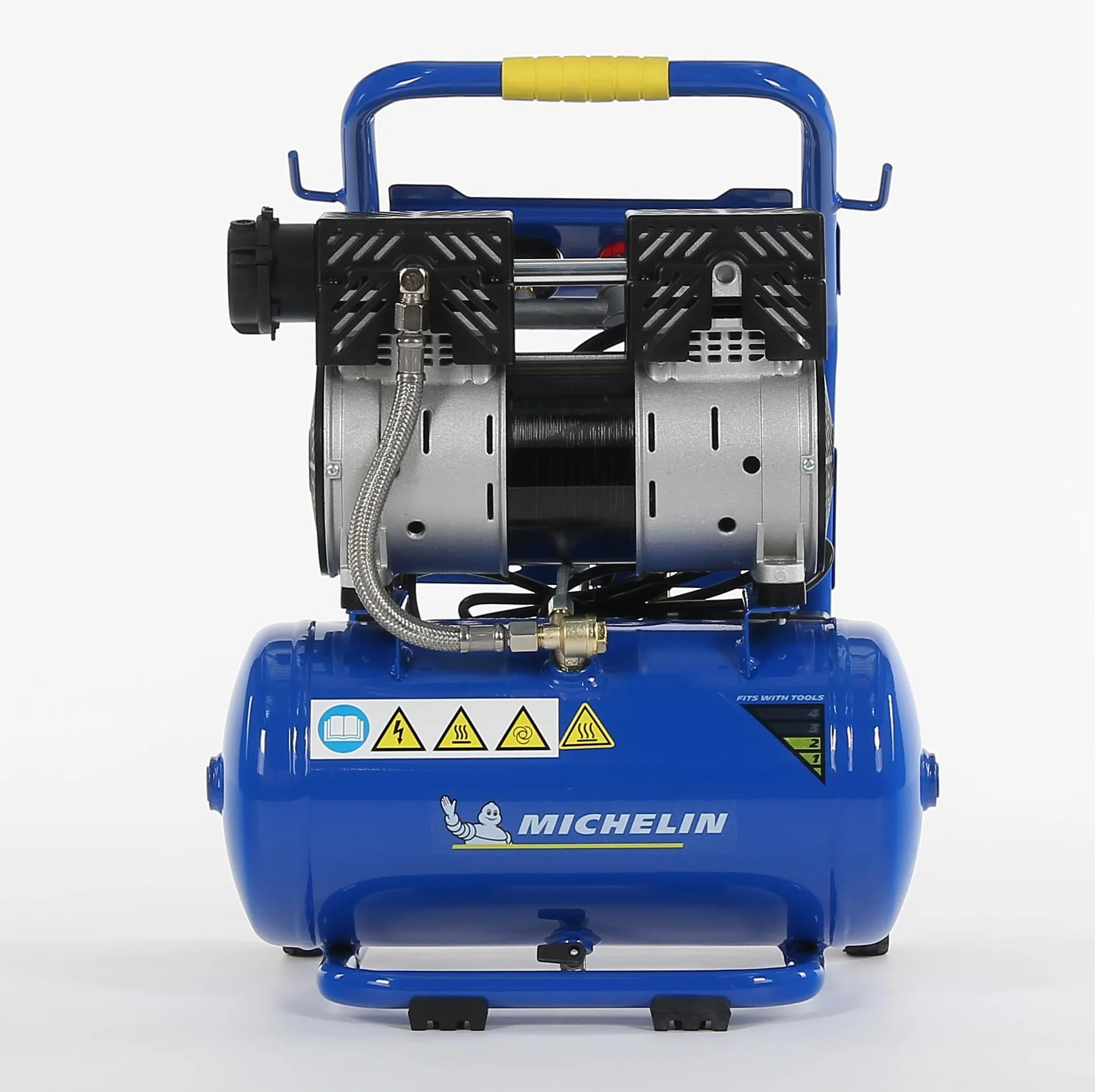 MICHELIN CA-MX10-1 - Compresor Silencioso 10LT 1HP - 59 dB - Capacidad 10 L - Motor de 1 HP - Presión Máx 8 Bar - Caudal 130 l/min - Sin Aceite - Portátil - Carro Ergonómico