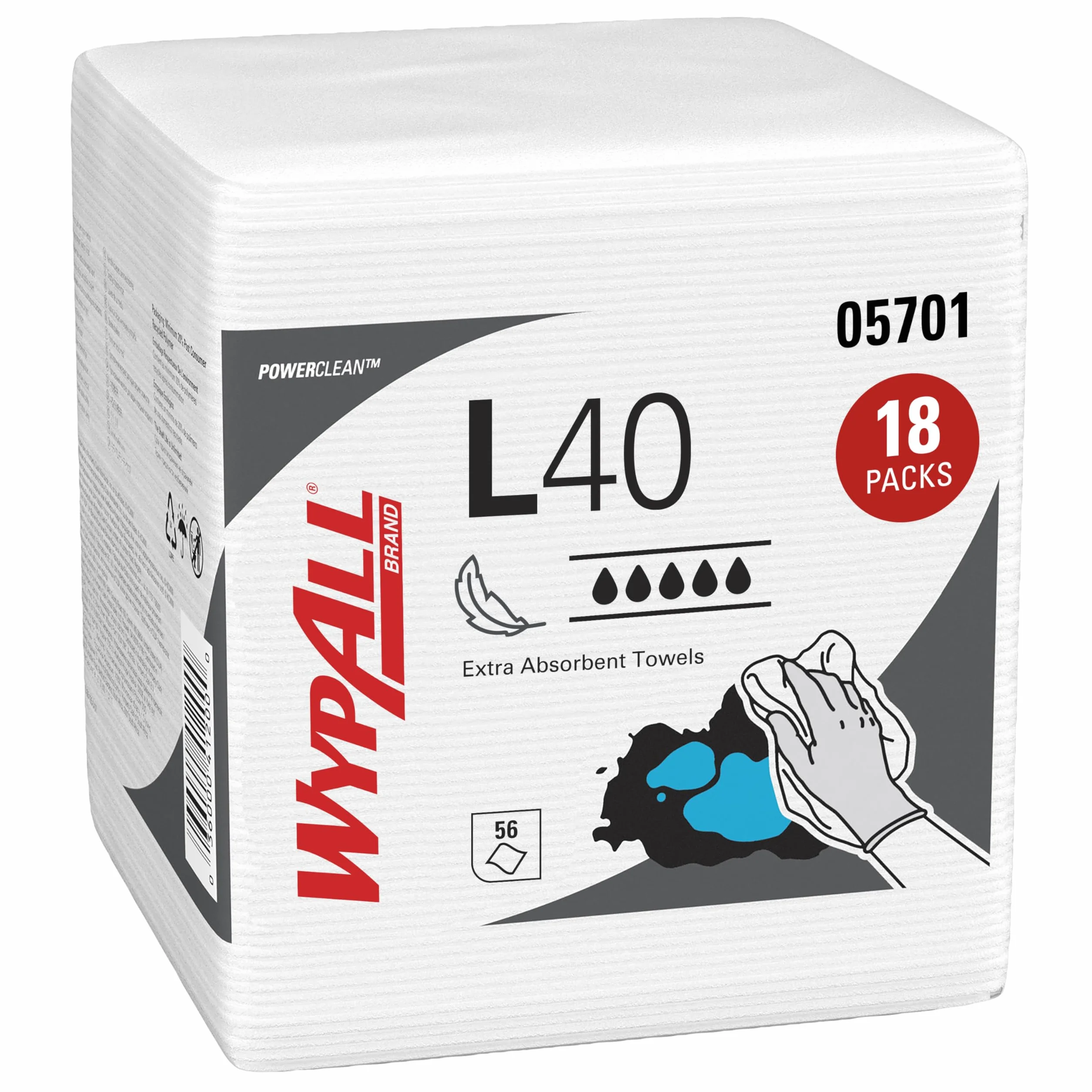WypAll L40 Paños de Limpieza Industriales 7471, 1 Capa, Extra Absorbentes, Resistentes y Desechables, Uso Profesional y General, Pack de 18 x 56 Hojas (1.008 Total)