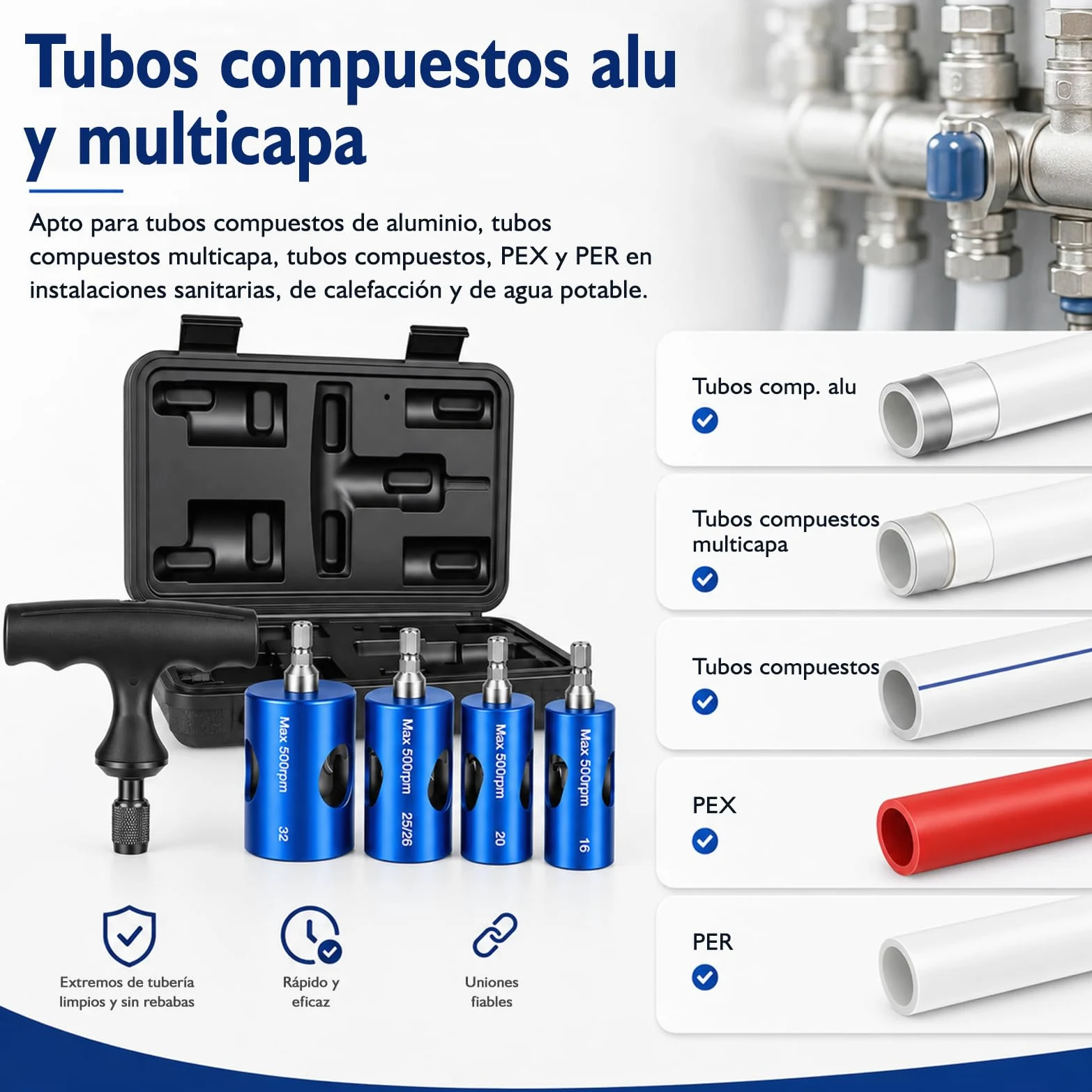Kit Pro Escariador, Abocardador y Calibrador Multicapa Ø16-20-25/26-32 mm, Desbarbador para Taladro con 4 Cabezales, Mango y Maletín PEX PER